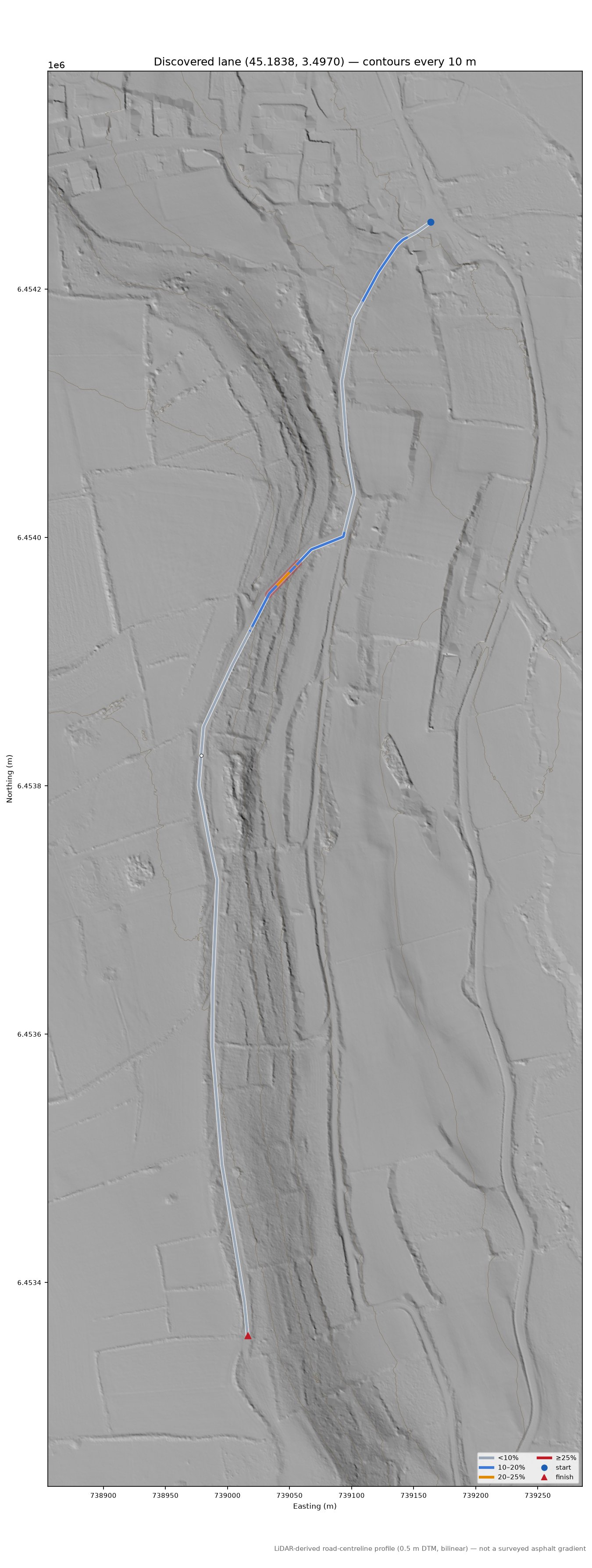 Discovered lane (45.1838, 3.4970) LiDAR hillshade map with contours