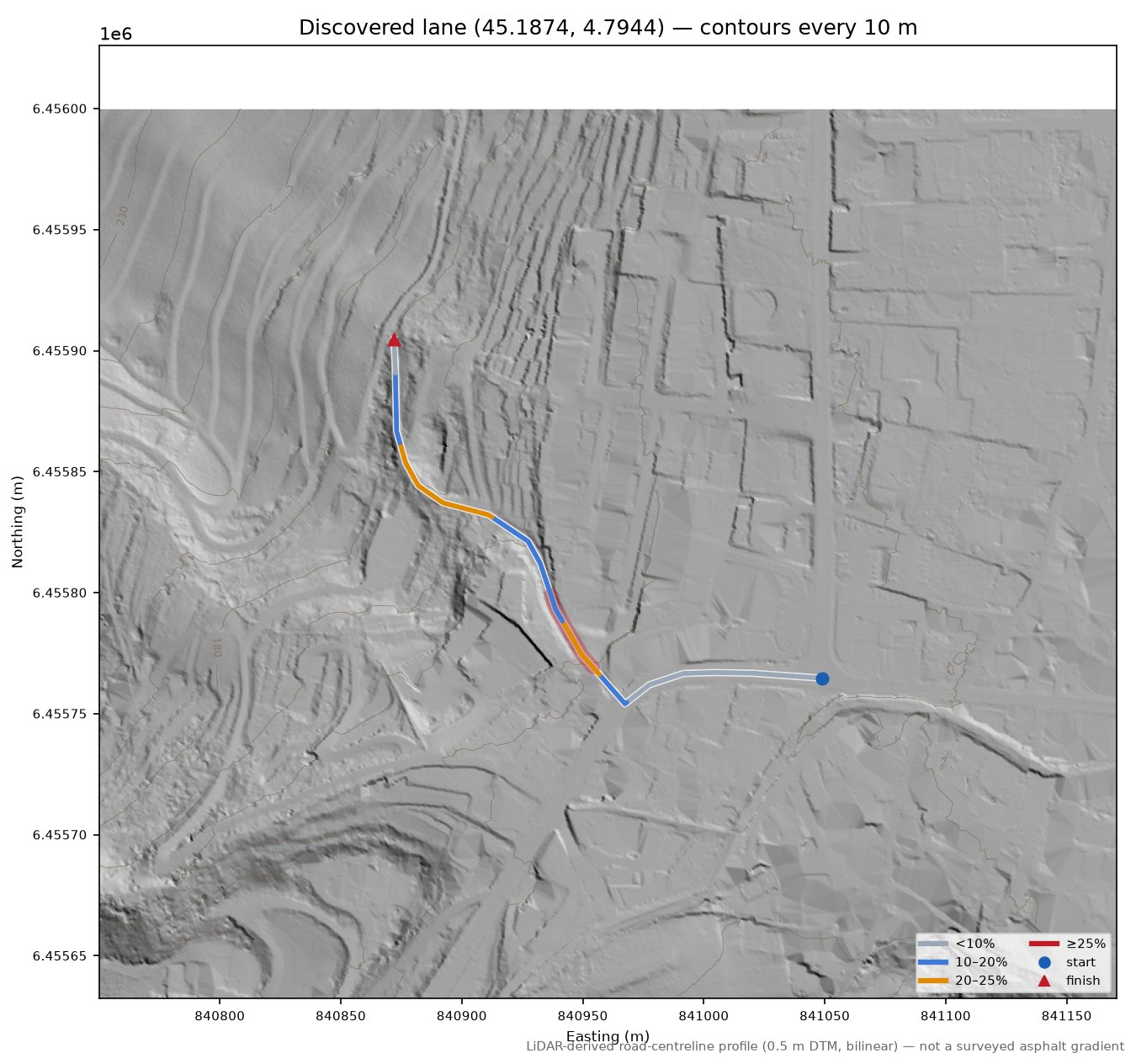 Discovered lane (45.1874, 4.7944) LiDAR hillshade map with contours