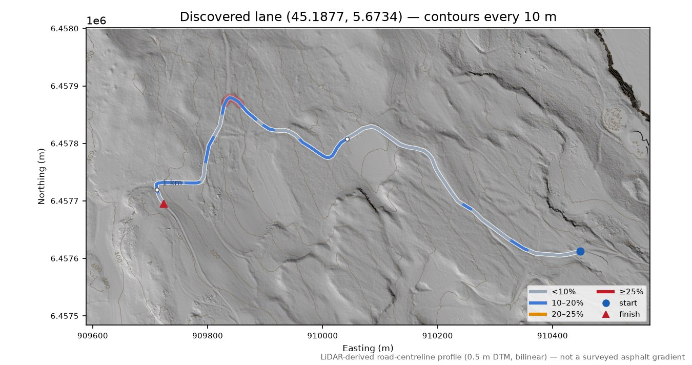 Discovered lane (45.1877, 5.6734) LiDAR hillshade map with contours