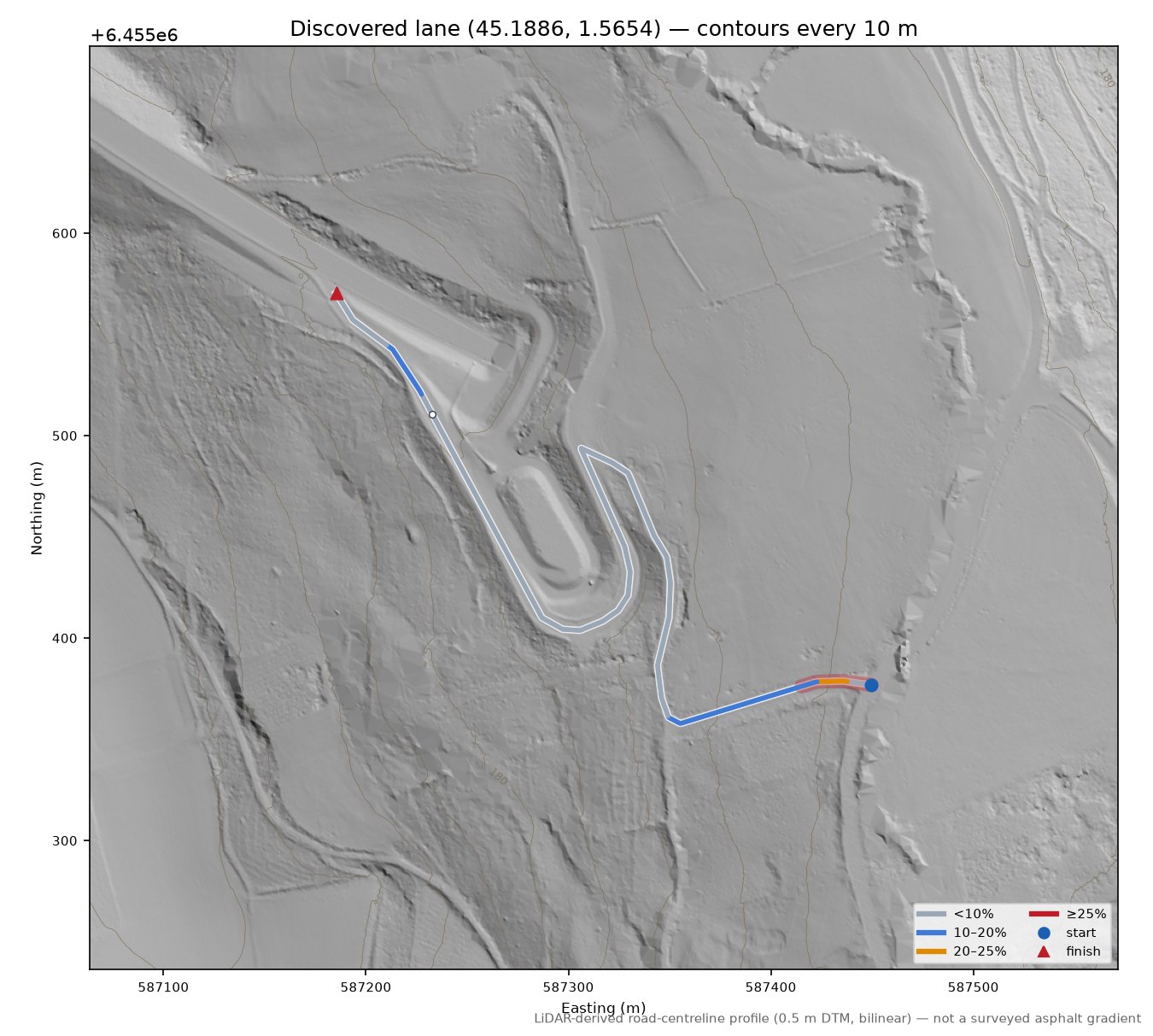 Discovered lane (45.1886, 1.5654) LiDAR hillshade map with contours