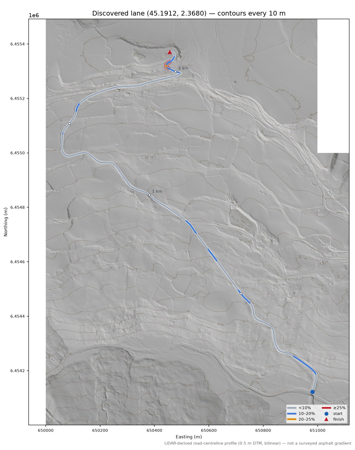 Discovered lane (45.1912, 2.3680) LiDAR hillshade map with contours