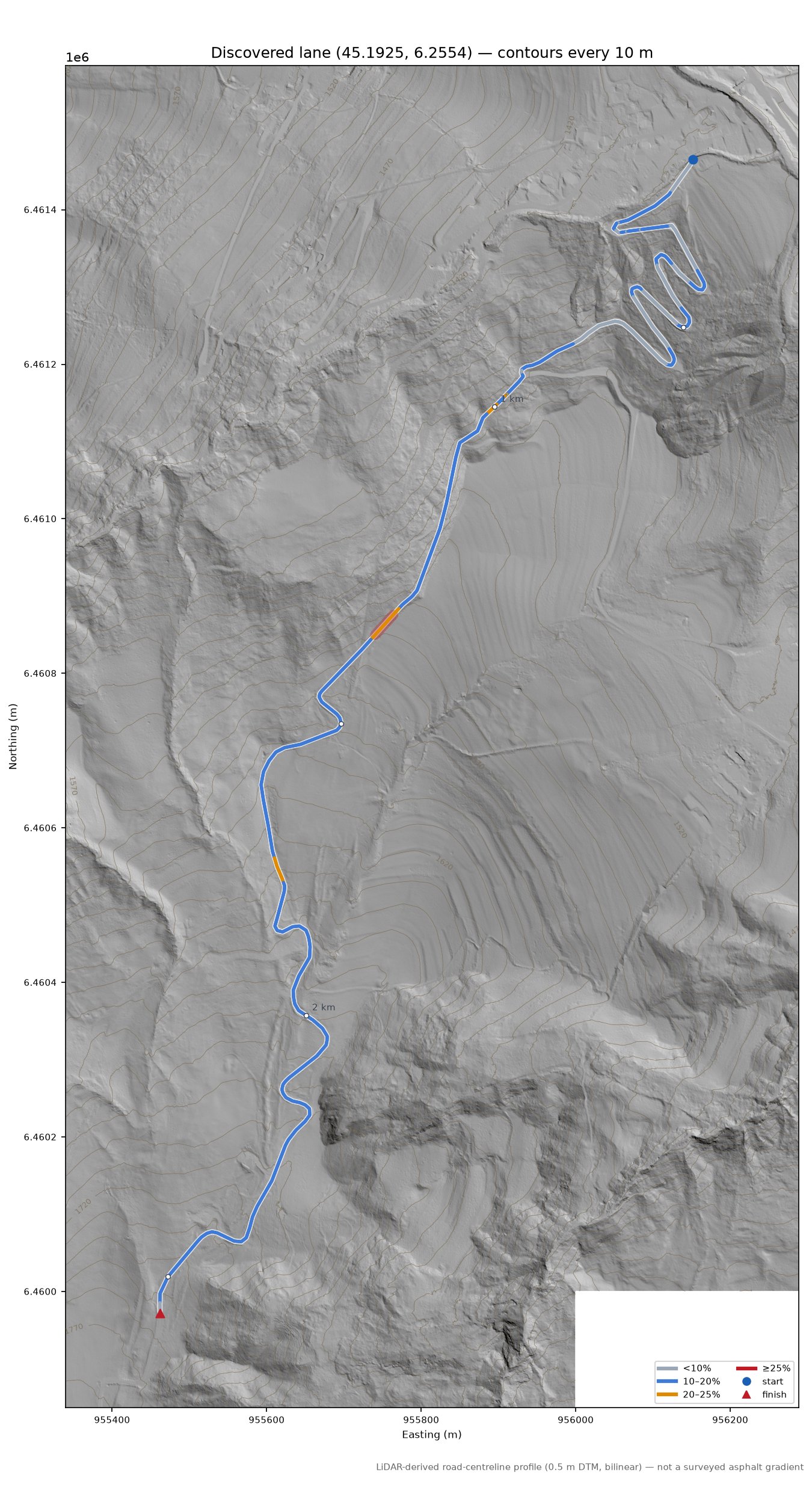 Discovered lane (45.1925, 6.2554) LiDAR hillshade map with contours