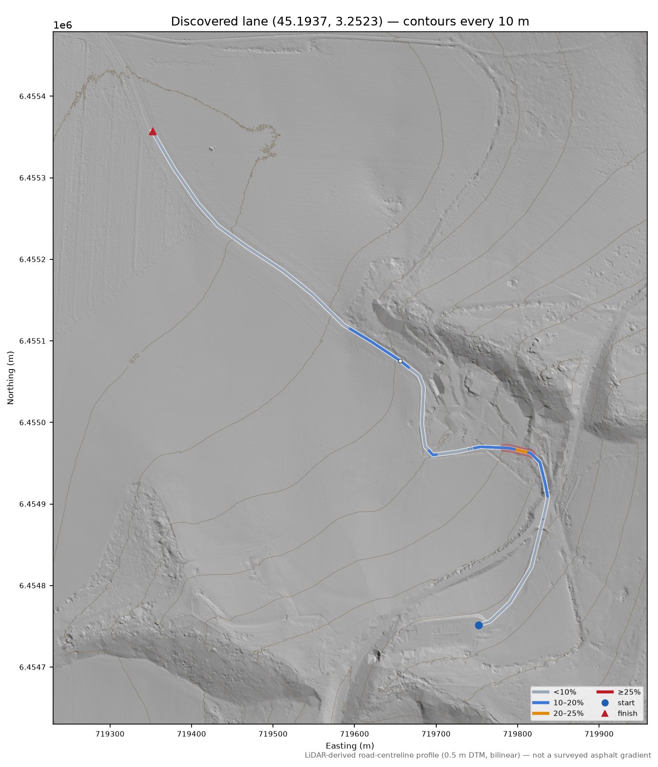 Discovered lane (45.1937, 3.2523) LiDAR hillshade map with contours