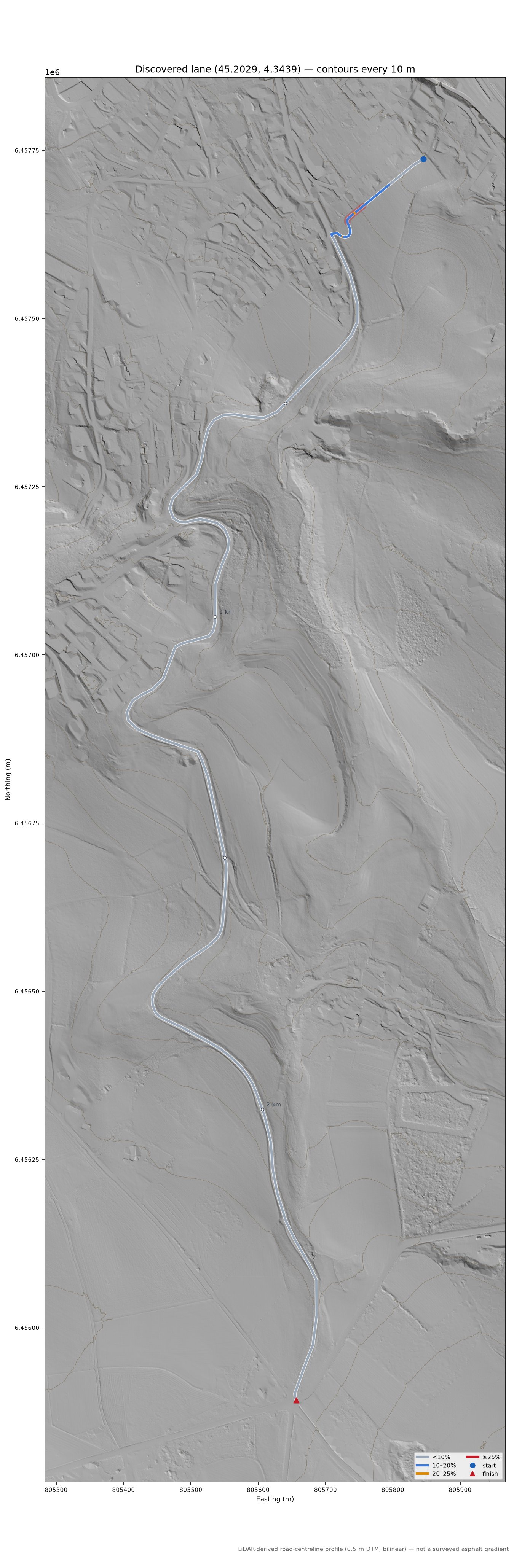 Discovered lane (45.2029, 4.3439) LiDAR hillshade map with contours