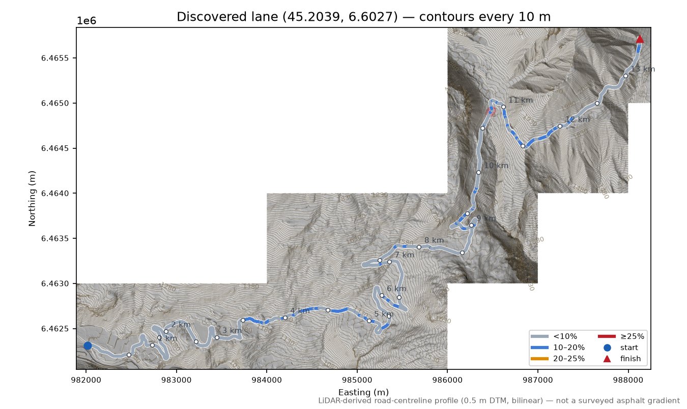 Discovered lane (45.2039, 6.6027) LiDAR hillshade map with contours