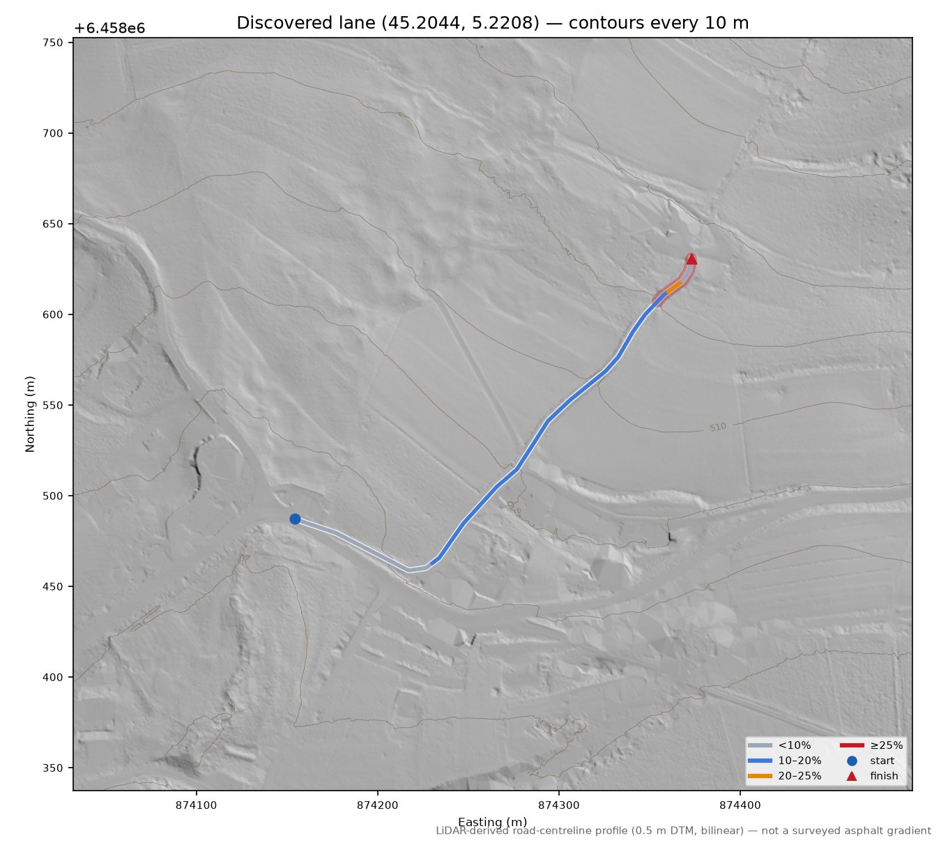 Discovered lane (45.2044, 5.2208) LiDAR hillshade map with contours
