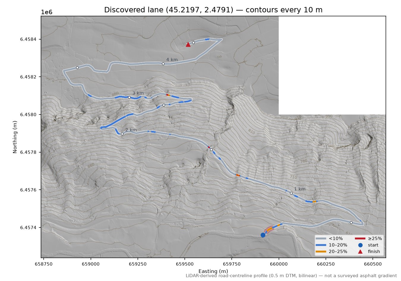 Discovered lane (45.2197, 2.4791) LiDAR hillshade map with contours
