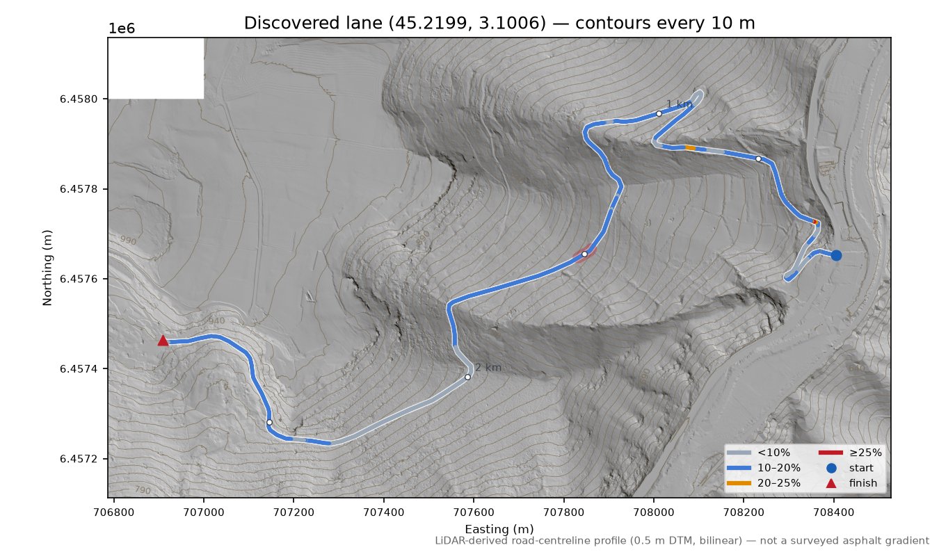 Discovered lane (45.2199, 3.1006) LiDAR hillshade map with contours