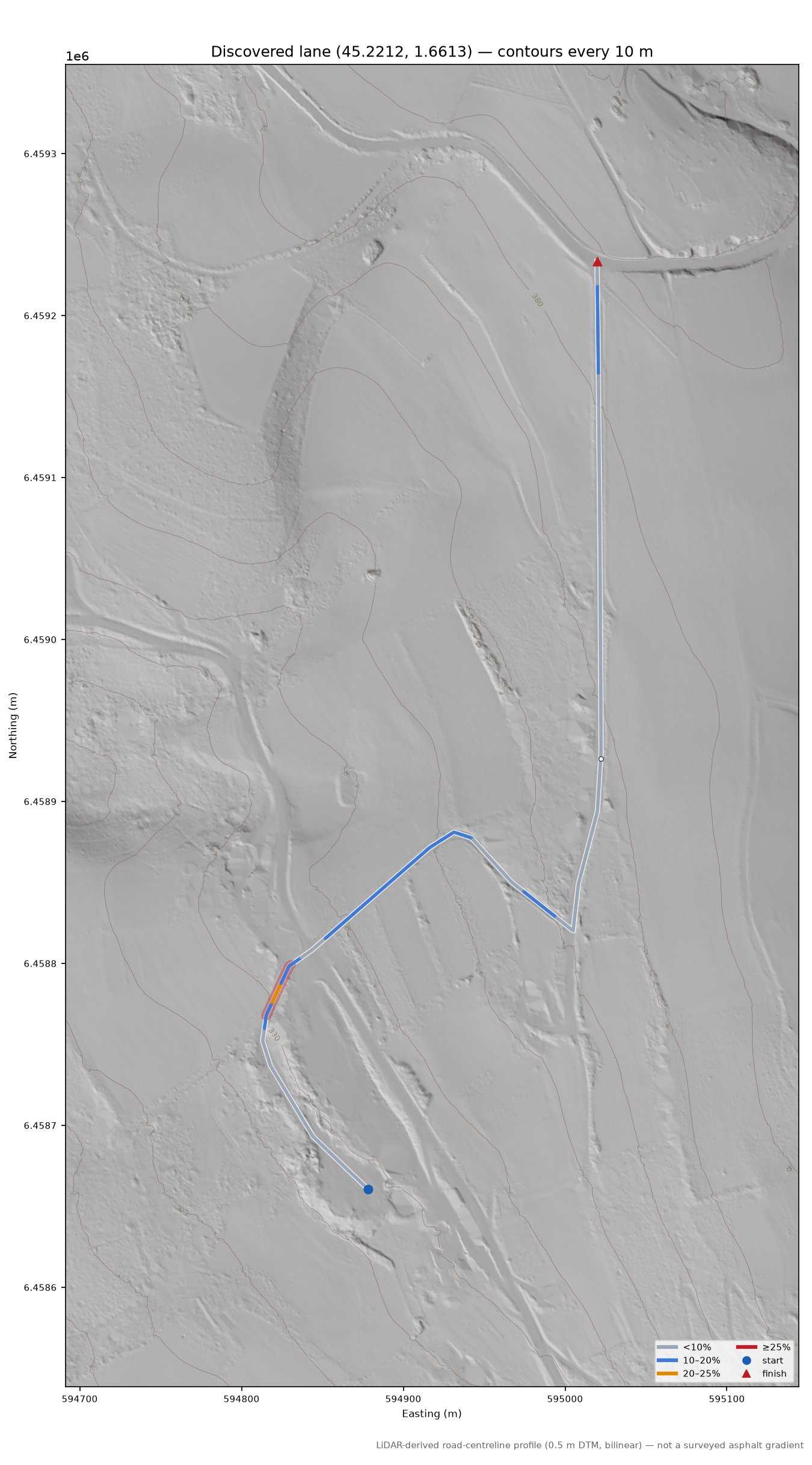 Discovered lane (45.2212, 1.6613) LiDAR hillshade map with contours