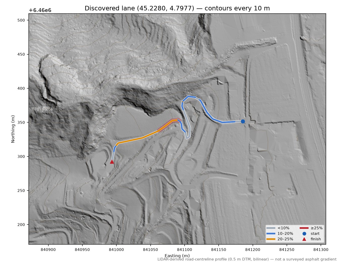 Discovered lane (45.2280, 4.7977) LiDAR hillshade map with contours