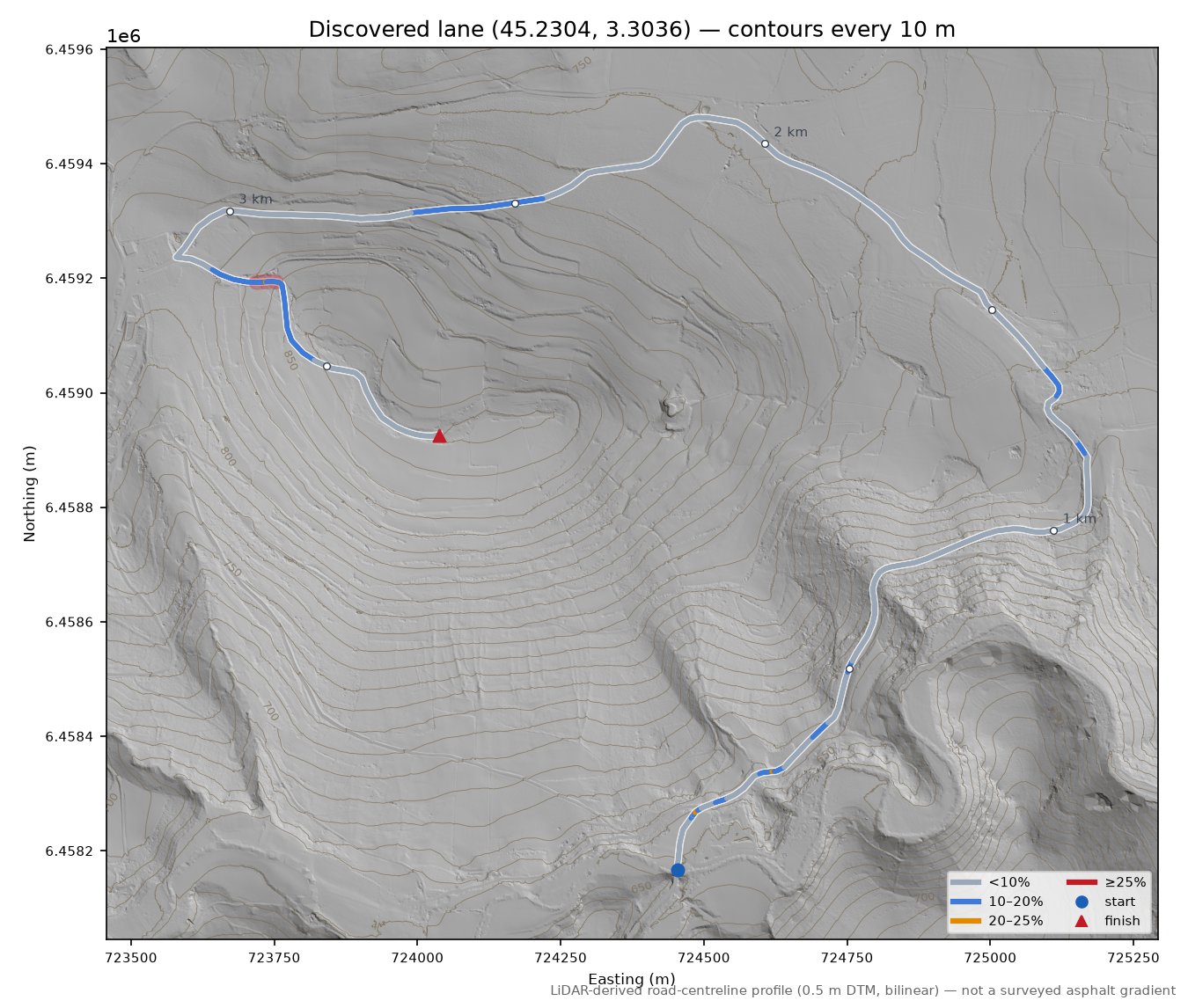 Discovered lane (45.2304, 3.3036) LiDAR hillshade map with contours