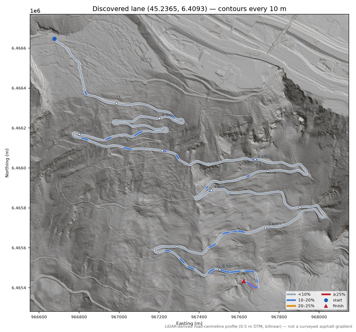 Discovered lane (45.2365, 6.4093) LiDAR hillshade map with contours