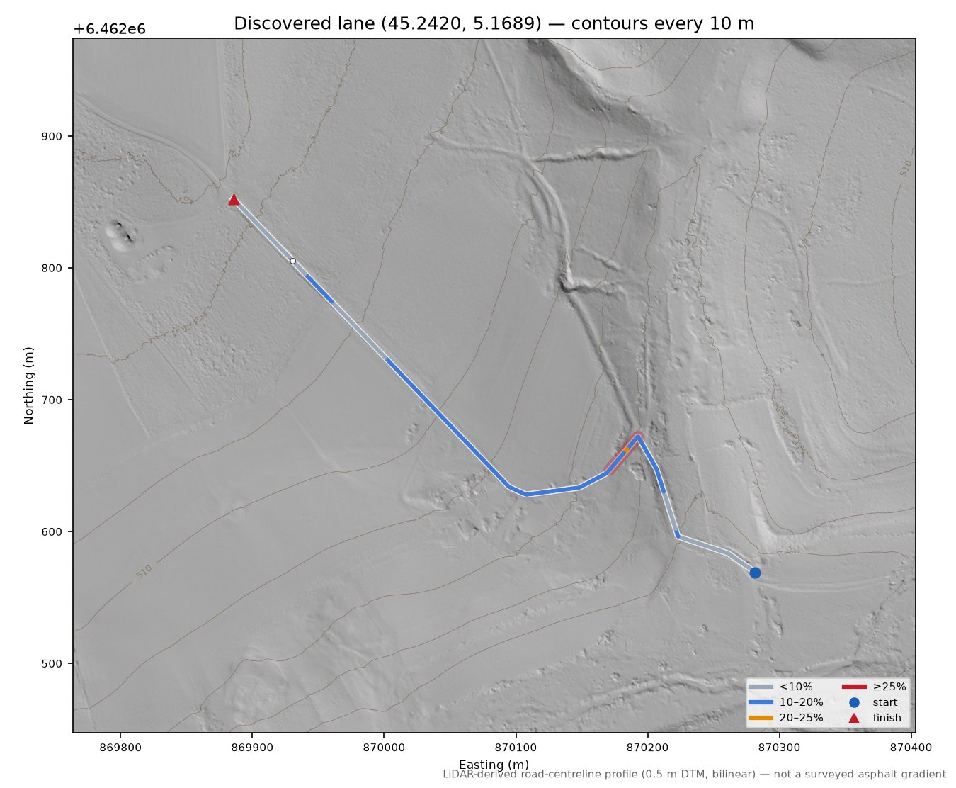 Discovered lane (45.2420, 5.1689) LiDAR hillshade map with contours