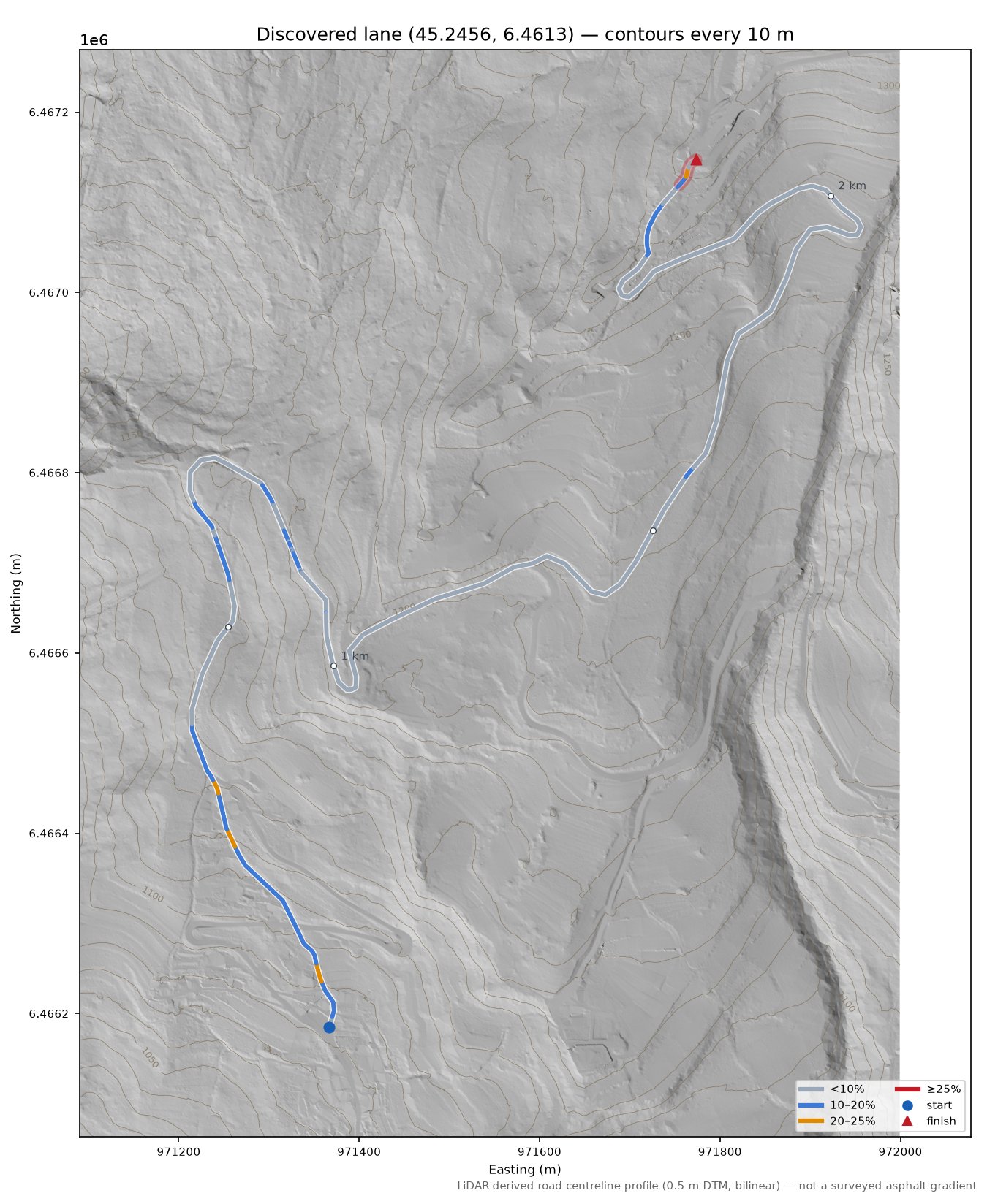 Discovered lane (45.2456, 6.4613) LiDAR hillshade map with contours