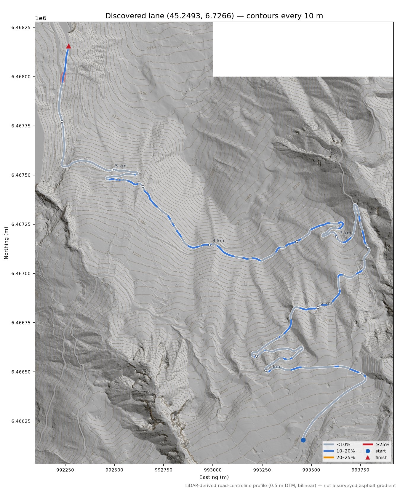 Discovered lane (45.2493, 6.7266) LiDAR hillshade map with contours