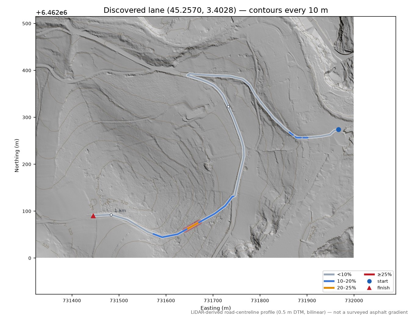 Discovered lane (45.2570, 3.4028) LiDAR hillshade map with contours