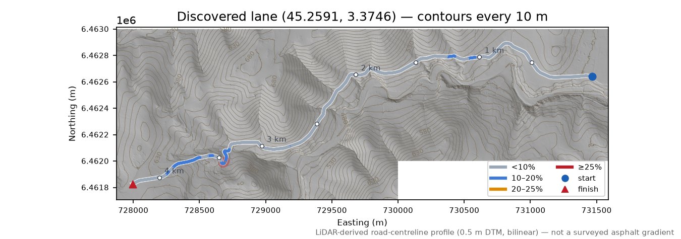 Discovered lane (45.2591, 3.3746) LiDAR hillshade map with contours