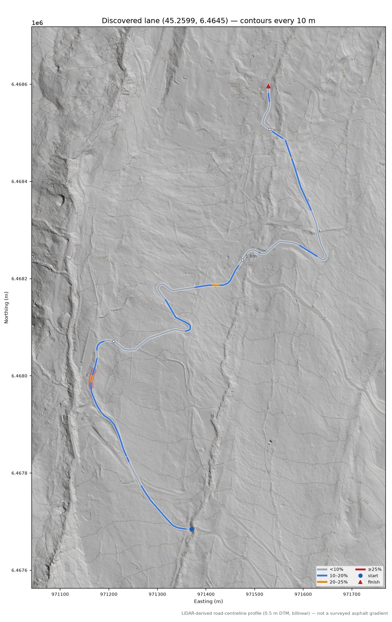 Discovered lane (45.2599, 6.4645) LiDAR hillshade map with contours