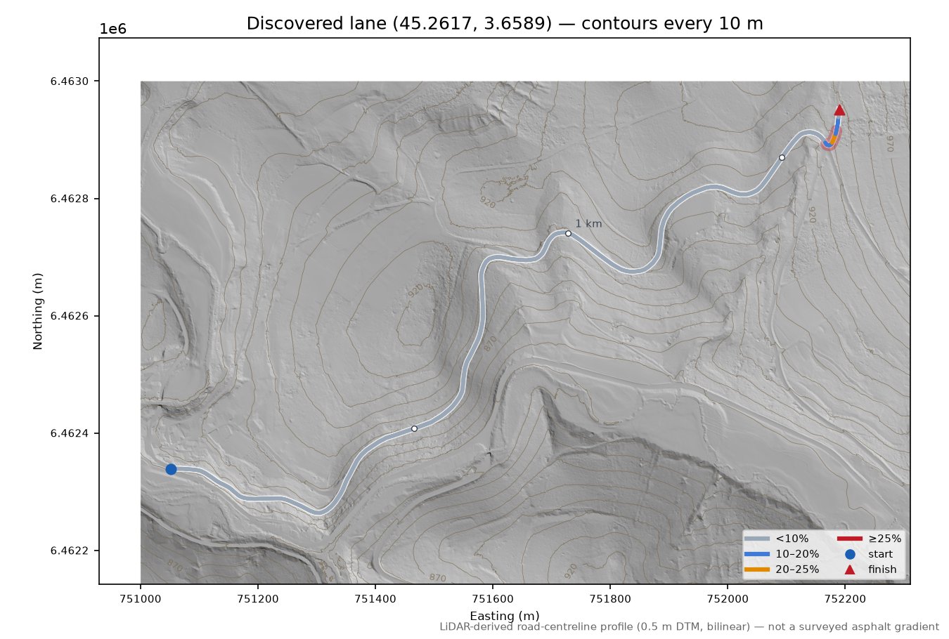 Discovered lane (45.2617, 3.6589) LiDAR hillshade map with contours