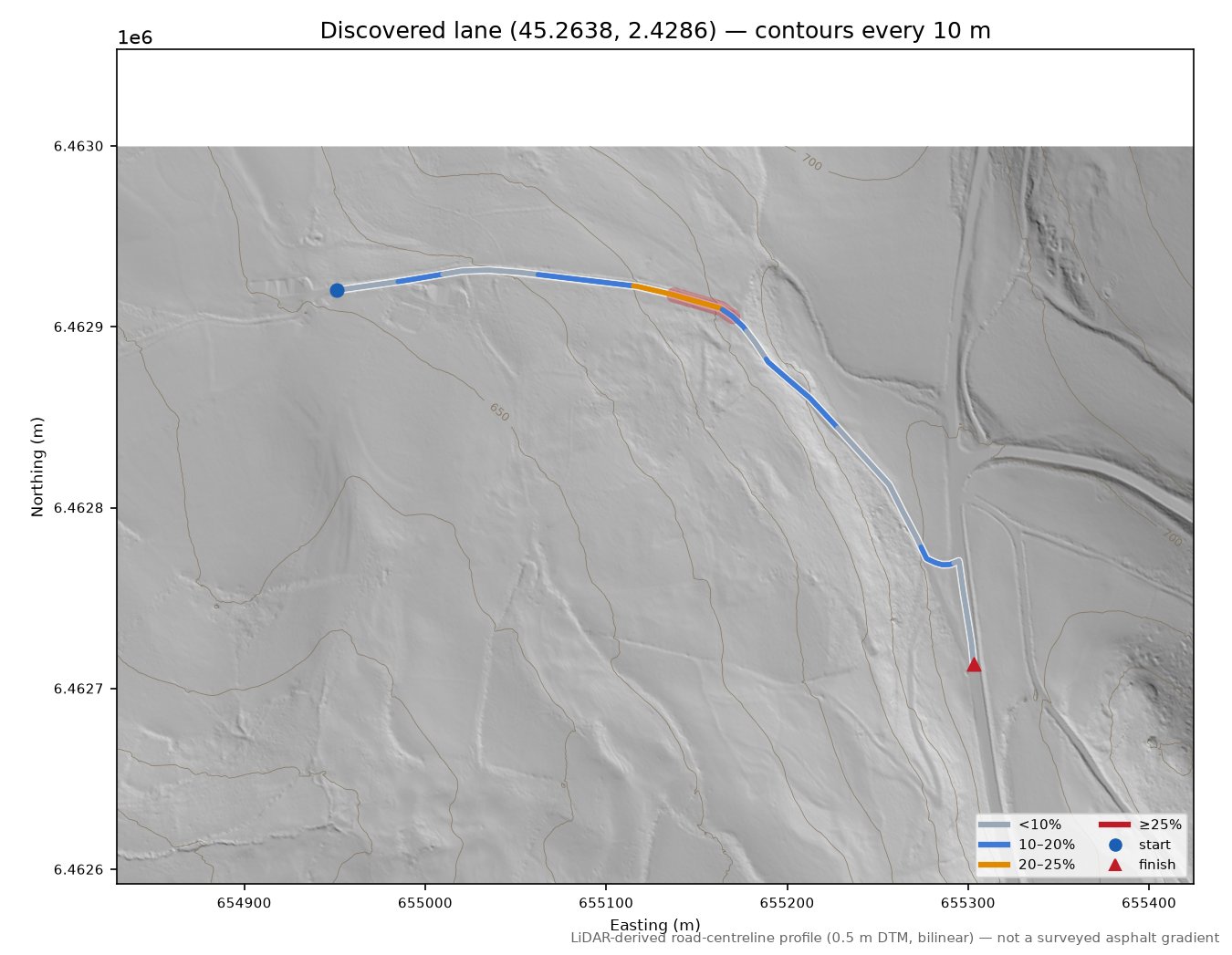 Discovered lane (45.2638, 2.4286) LiDAR hillshade map with contours