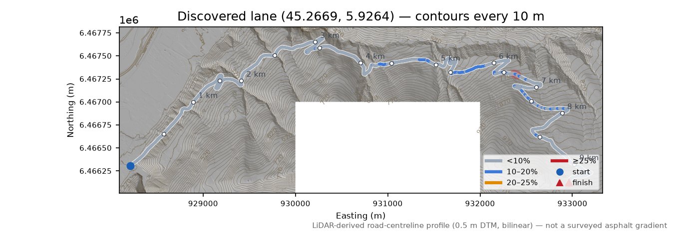 Discovered lane (45.2669, 5.9264) LiDAR hillshade map with contours