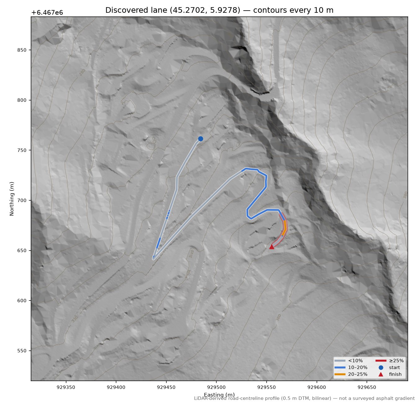 Discovered lane (45.2702, 5.9278) LiDAR hillshade map with contours