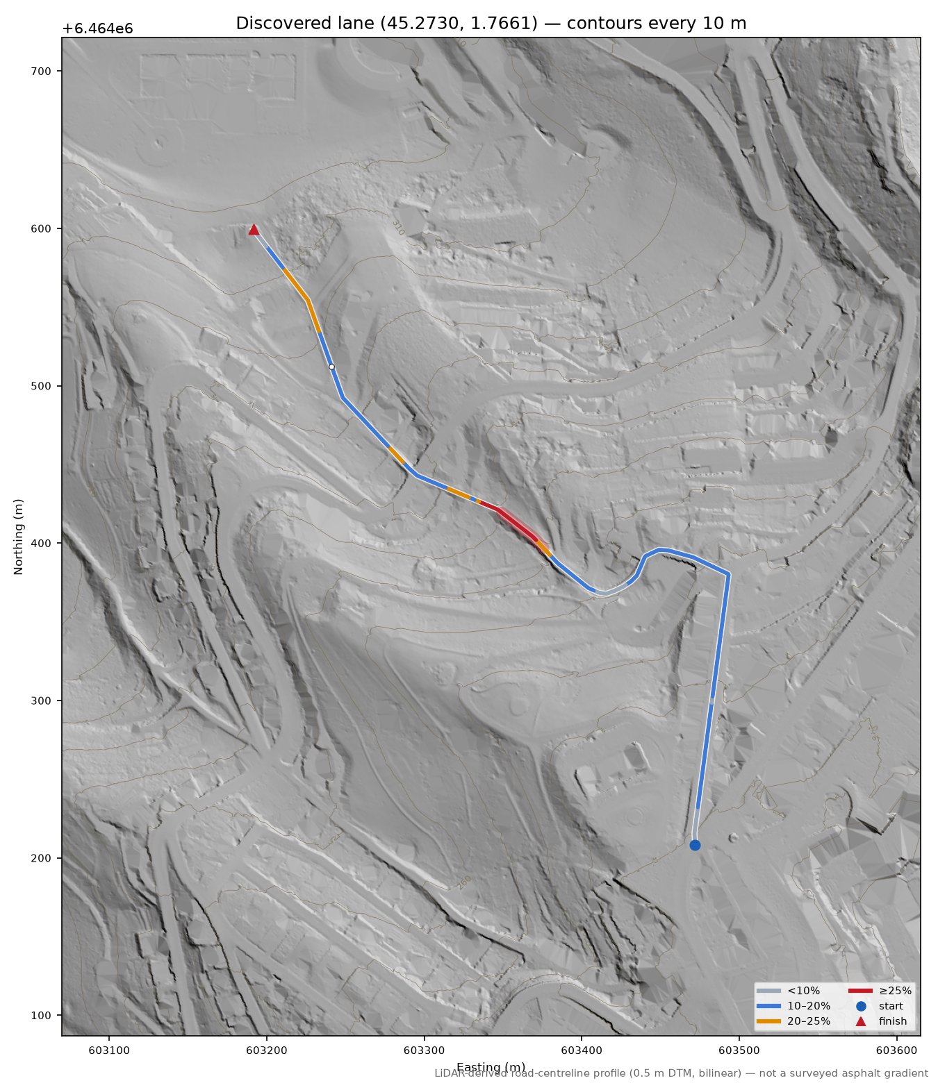 Discovered lane (45.2730, 1.7661) LiDAR hillshade map with contours