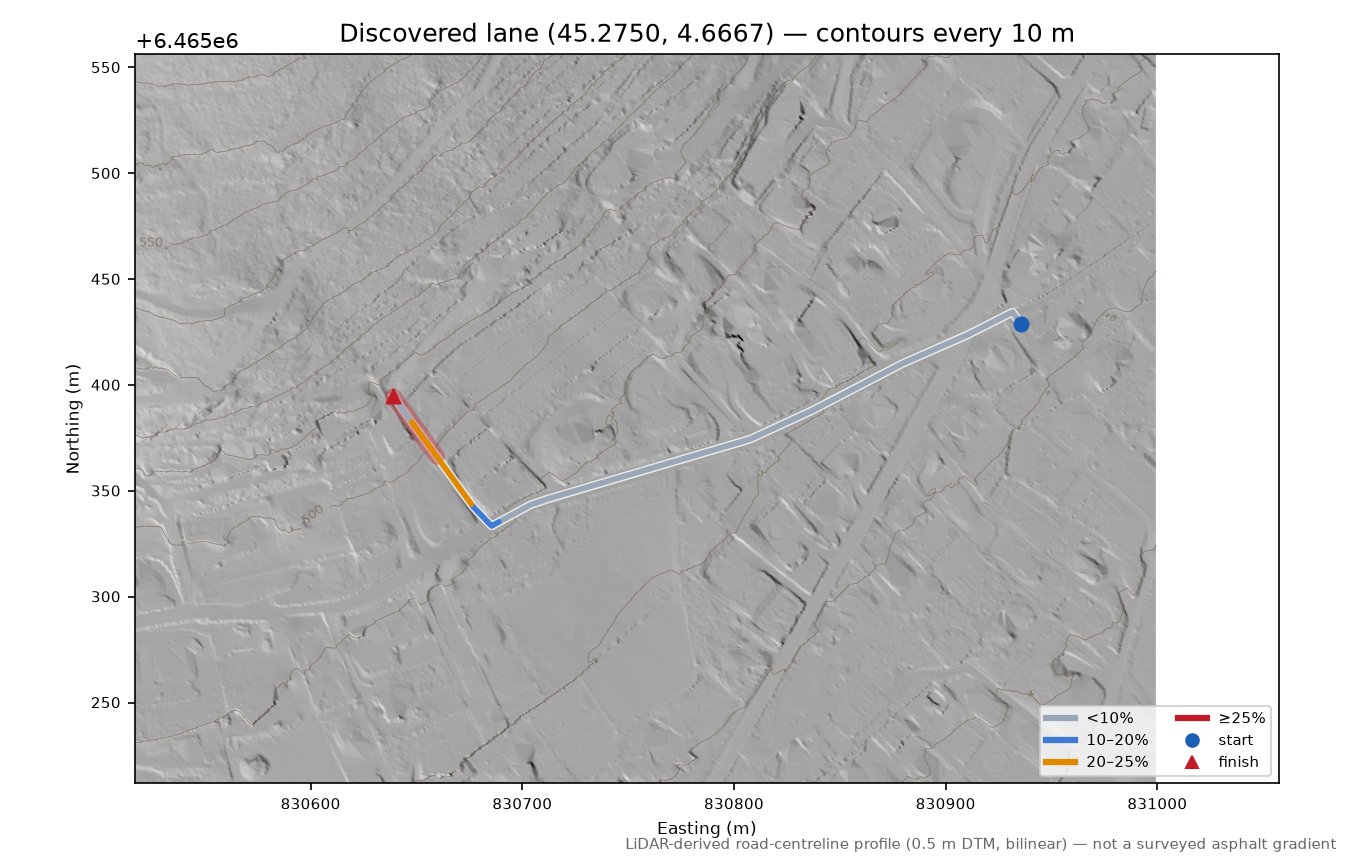 Discovered lane (45.2750, 4.6667) LiDAR hillshade map with contours