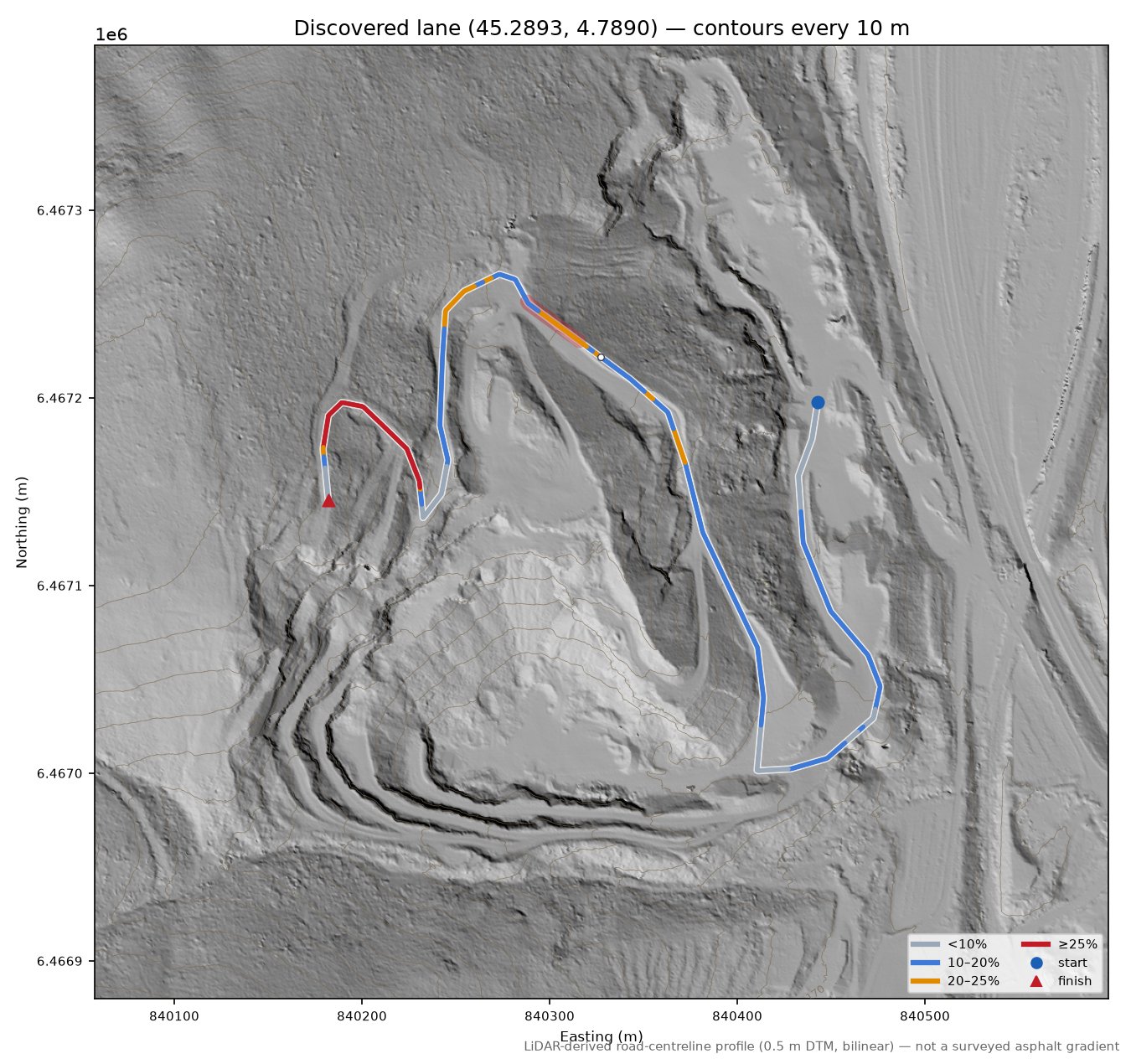 Discovered lane (45.2893, 4.7890) LiDAR hillshade map with contours
