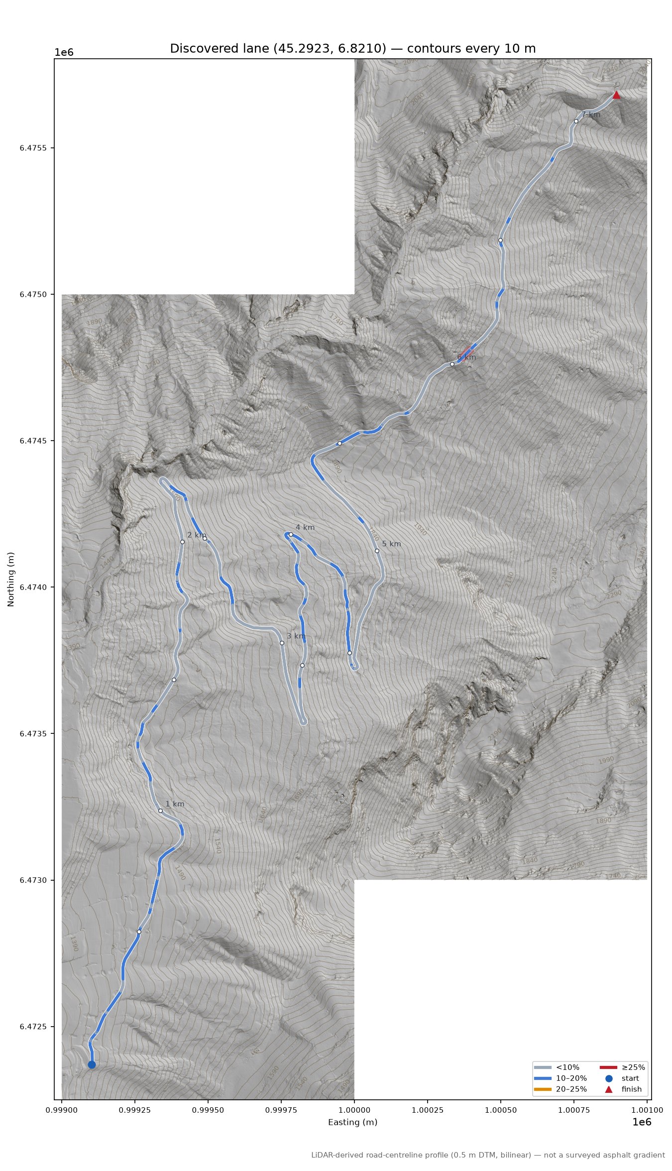 Discovered lane (45.2923, 6.8210) LiDAR hillshade map with contours
