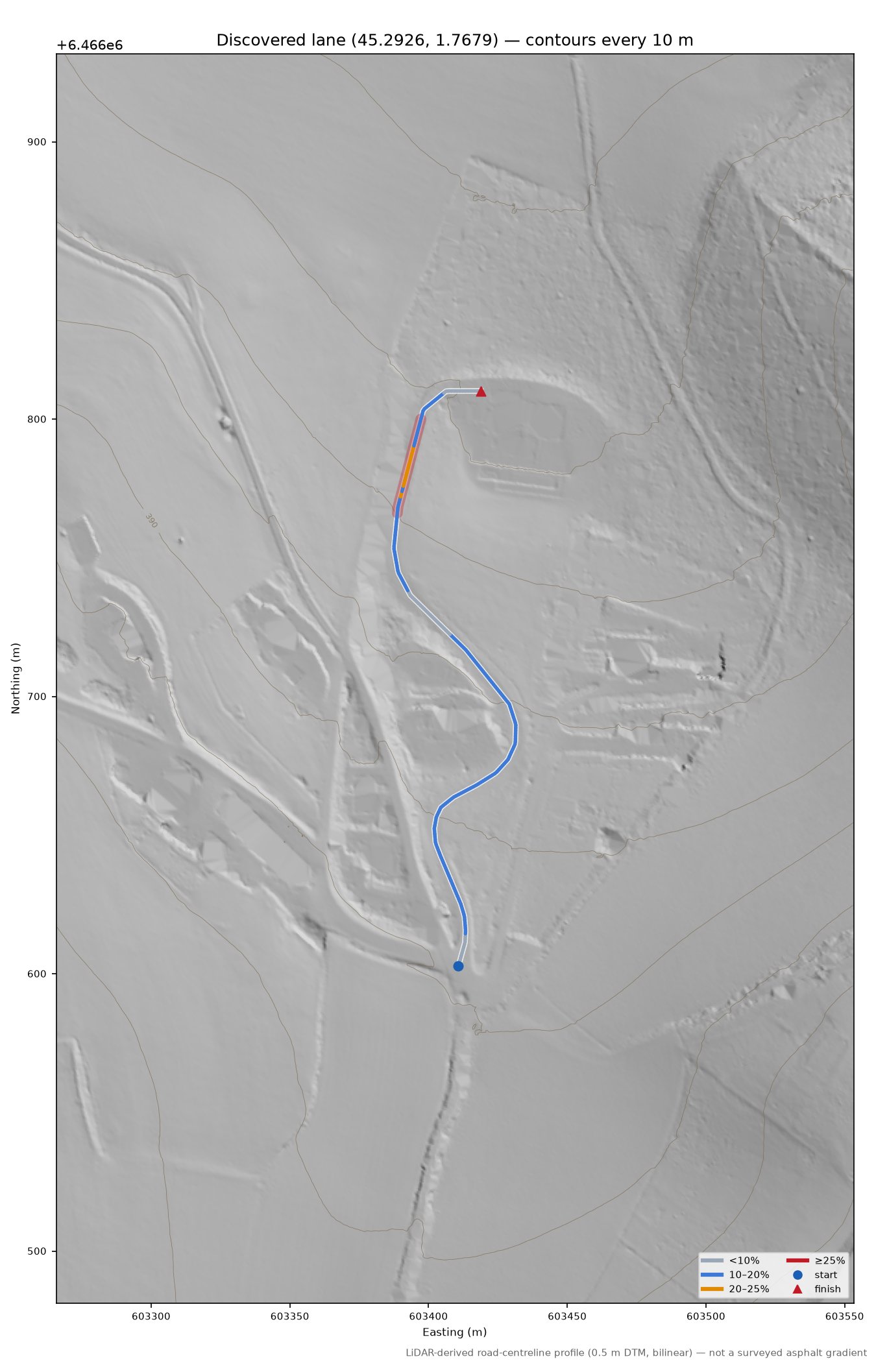 Discovered lane (45.2926, 1.7679) LiDAR hillshade map with contours