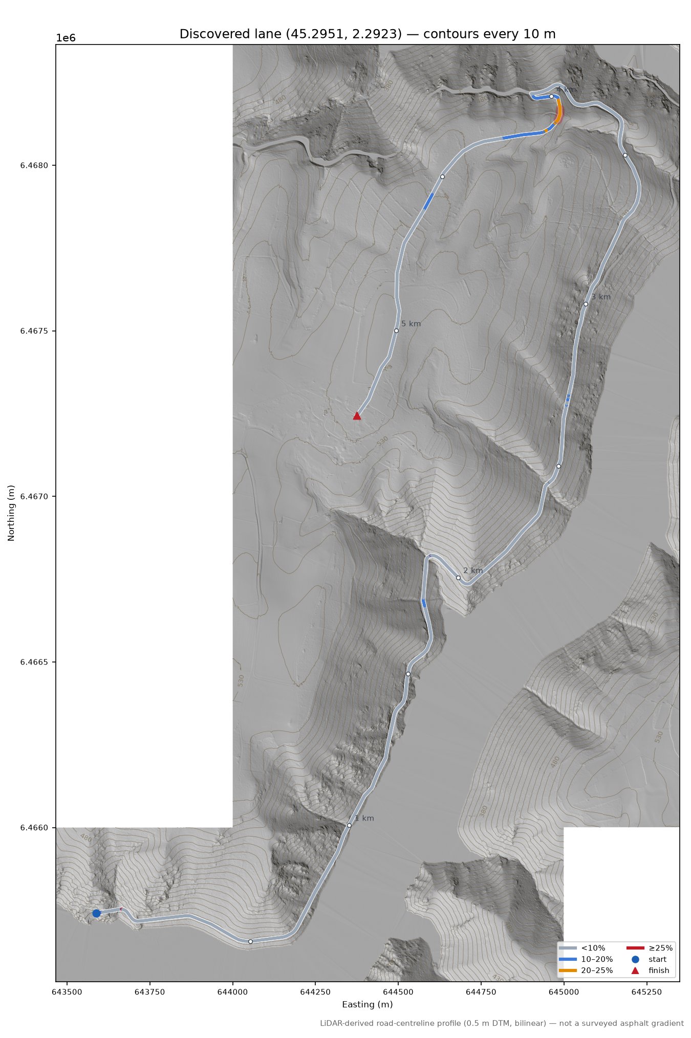 Discovered lane (45.2951, 2.2923) LiDAR hillshade map with contours