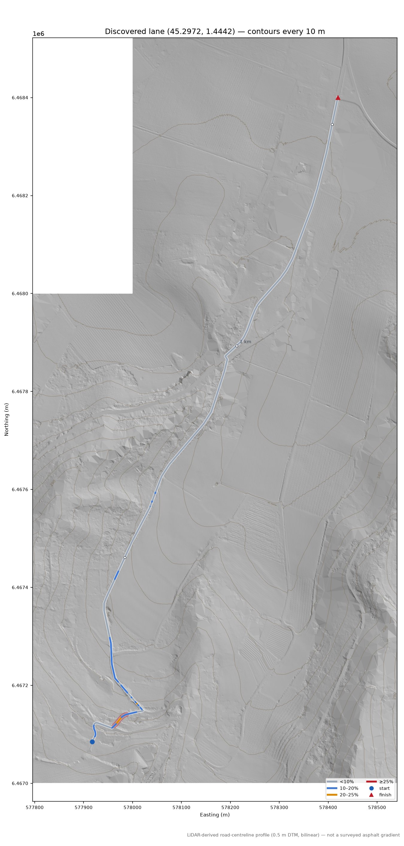 Discovered lane (45.2972, 1.4442) LiDAR hillshade map with contours