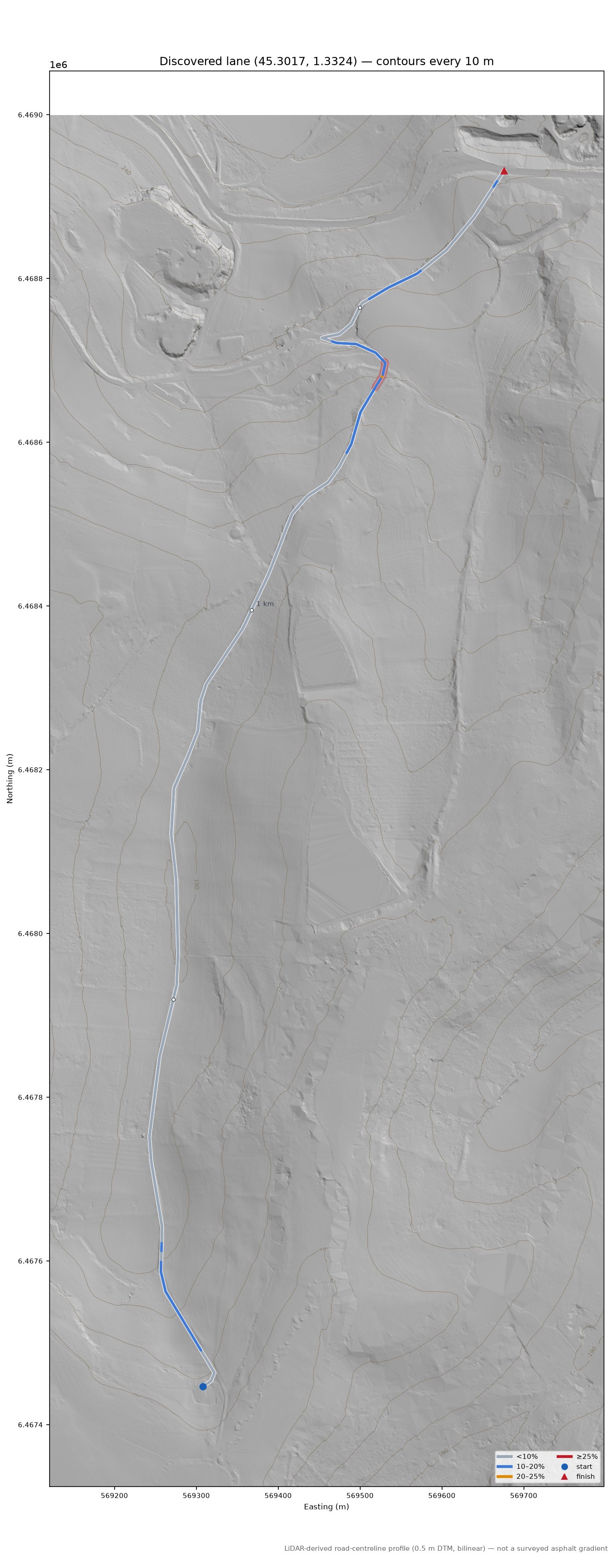 Discovered lane (45.3017, 1.3324) LiDAR hillshade map with contours