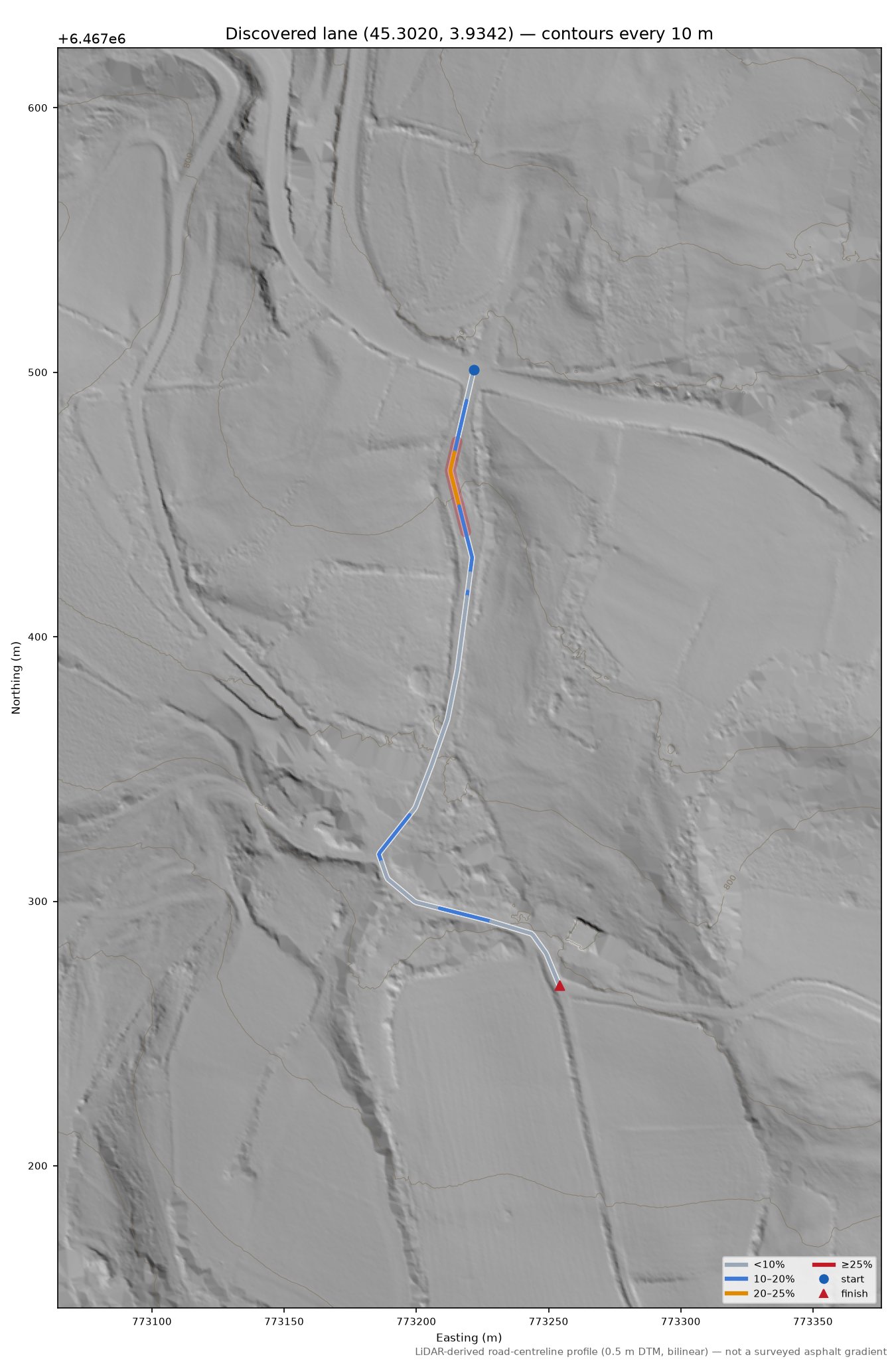 Discovered lane (45.3020, 3.9342) LiDAR hillshade map with contours