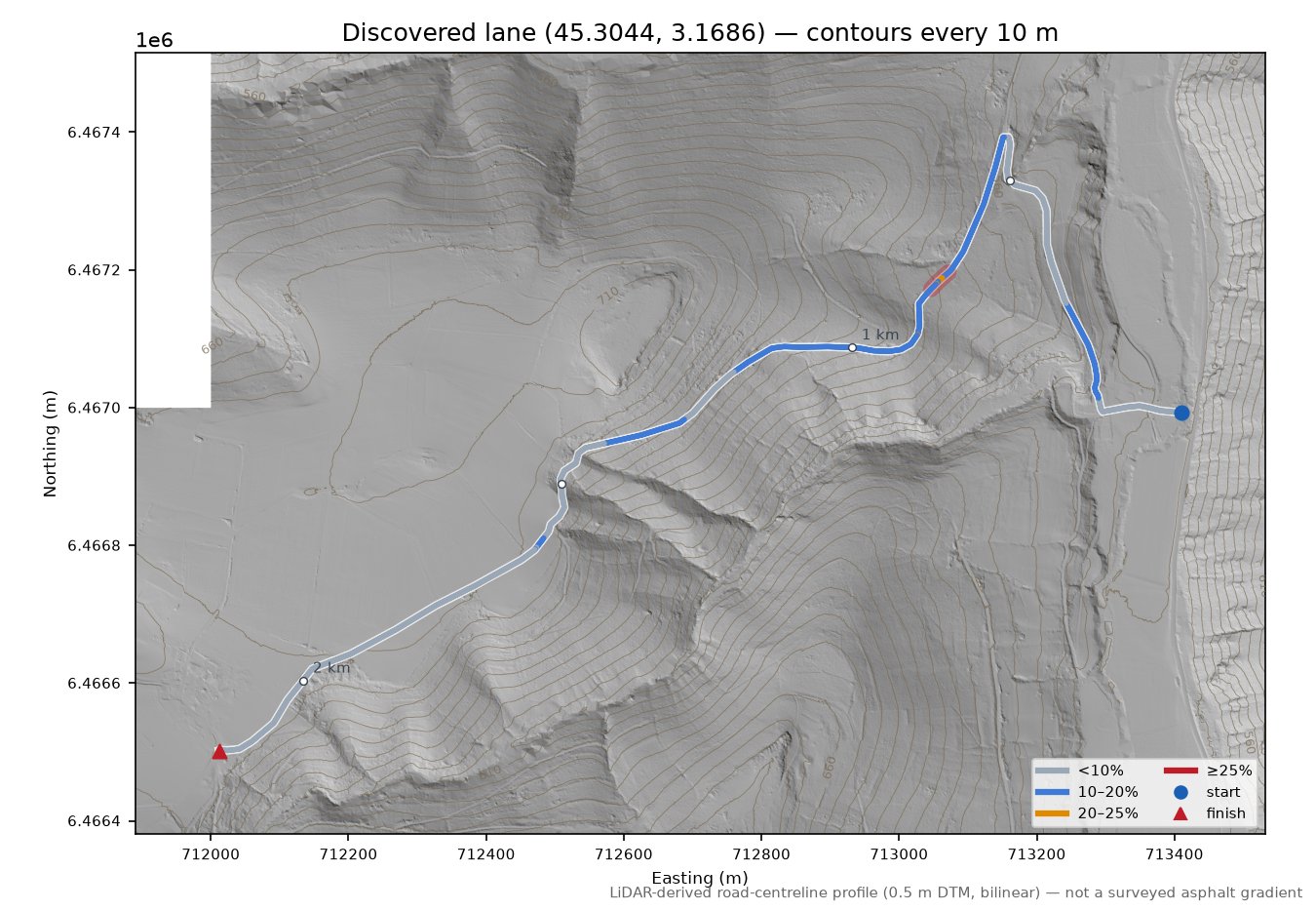 Discovered lane (45.3044, 3.1686) LiDAR hillshade map with contours