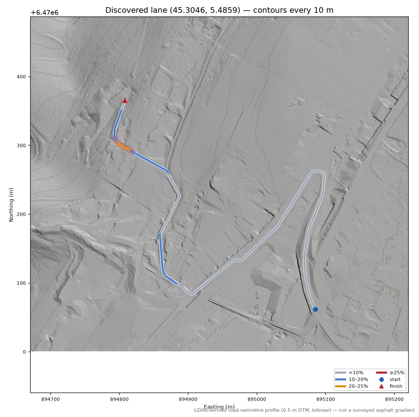 Discovered lane (45.3046, 5.4859) LiDAR hillshade map with contours