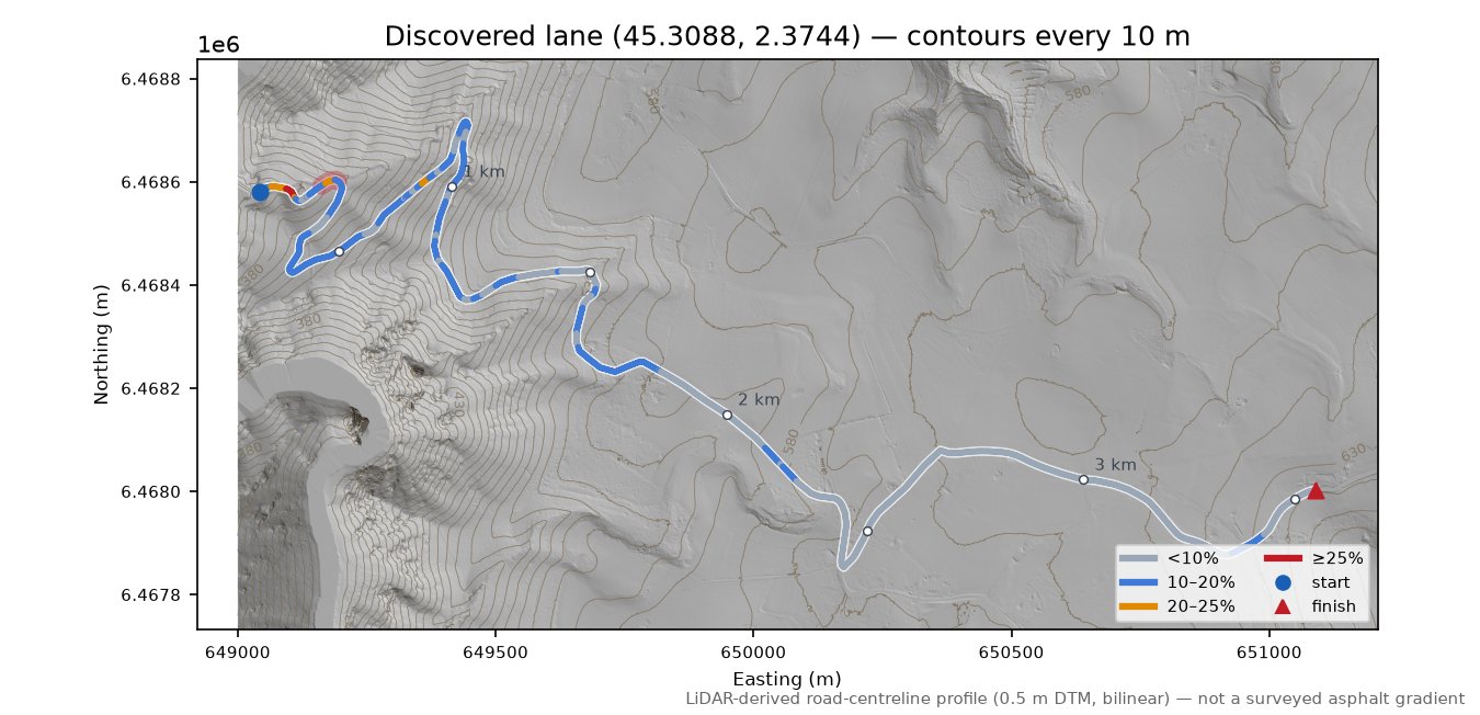 Discovered lane (45.3088, 2.3744) LiDAR hillshade map with contours