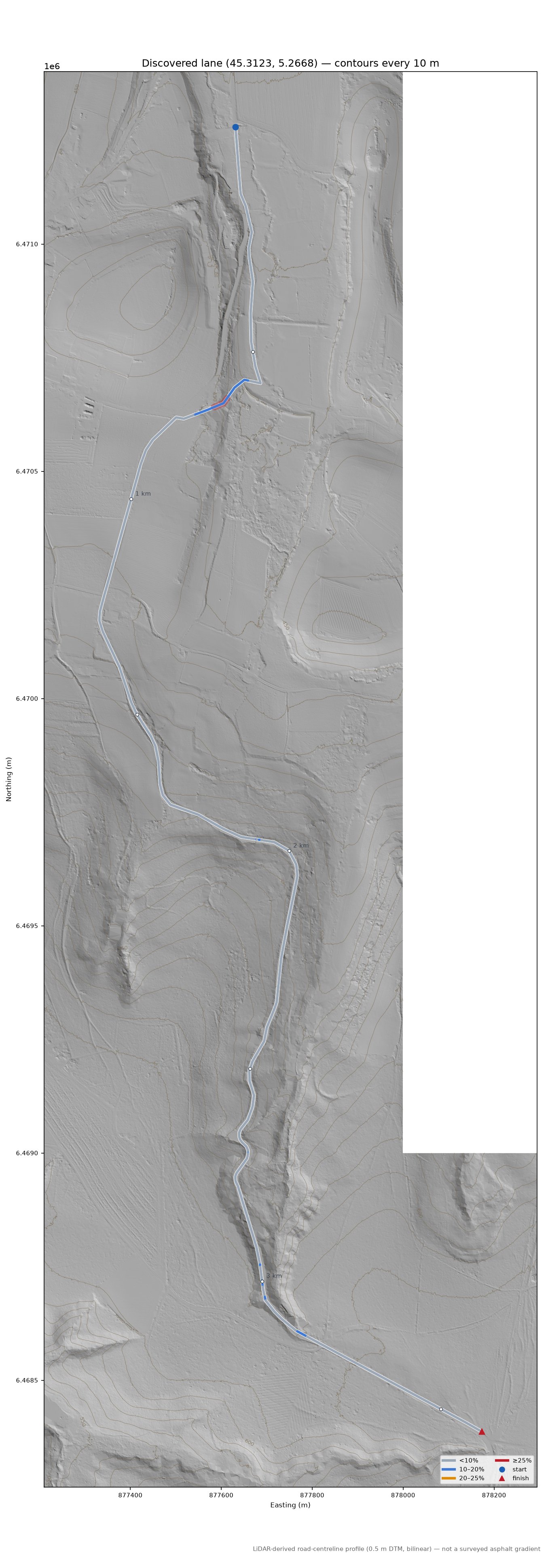 Discovered lane (45.3123, 5.2668) LiDAR hillshade map with contours
