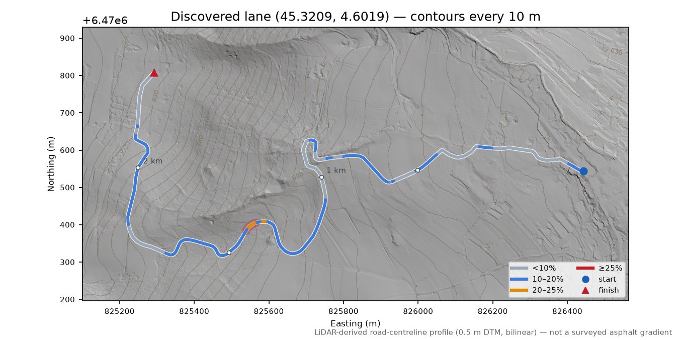 Discovered lane (45.3209, 4.6019) LiDAR hillshade map with contours