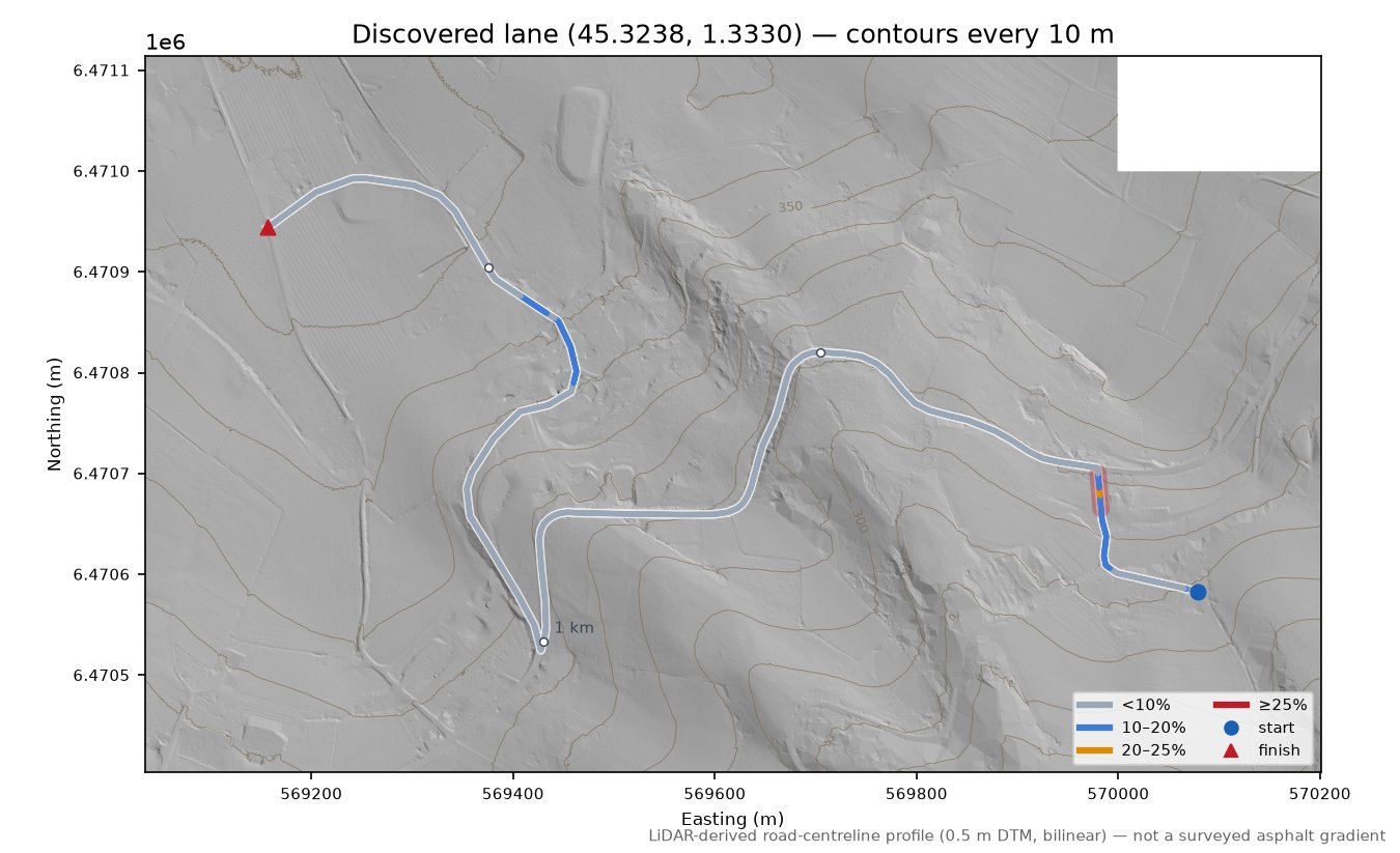 Discovered lane (45.3238, 1.3330) LiDAR hillshade map with contours