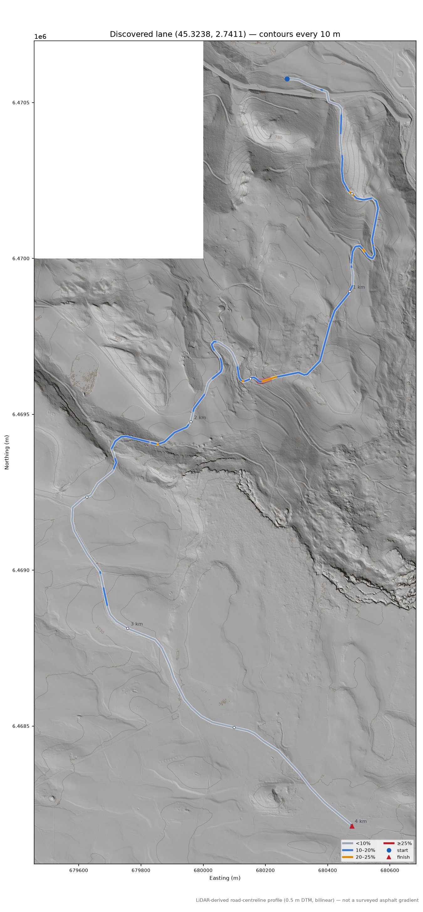Discovered lane (45.3238, 2.7411) LiDAR hillshade map with contours
