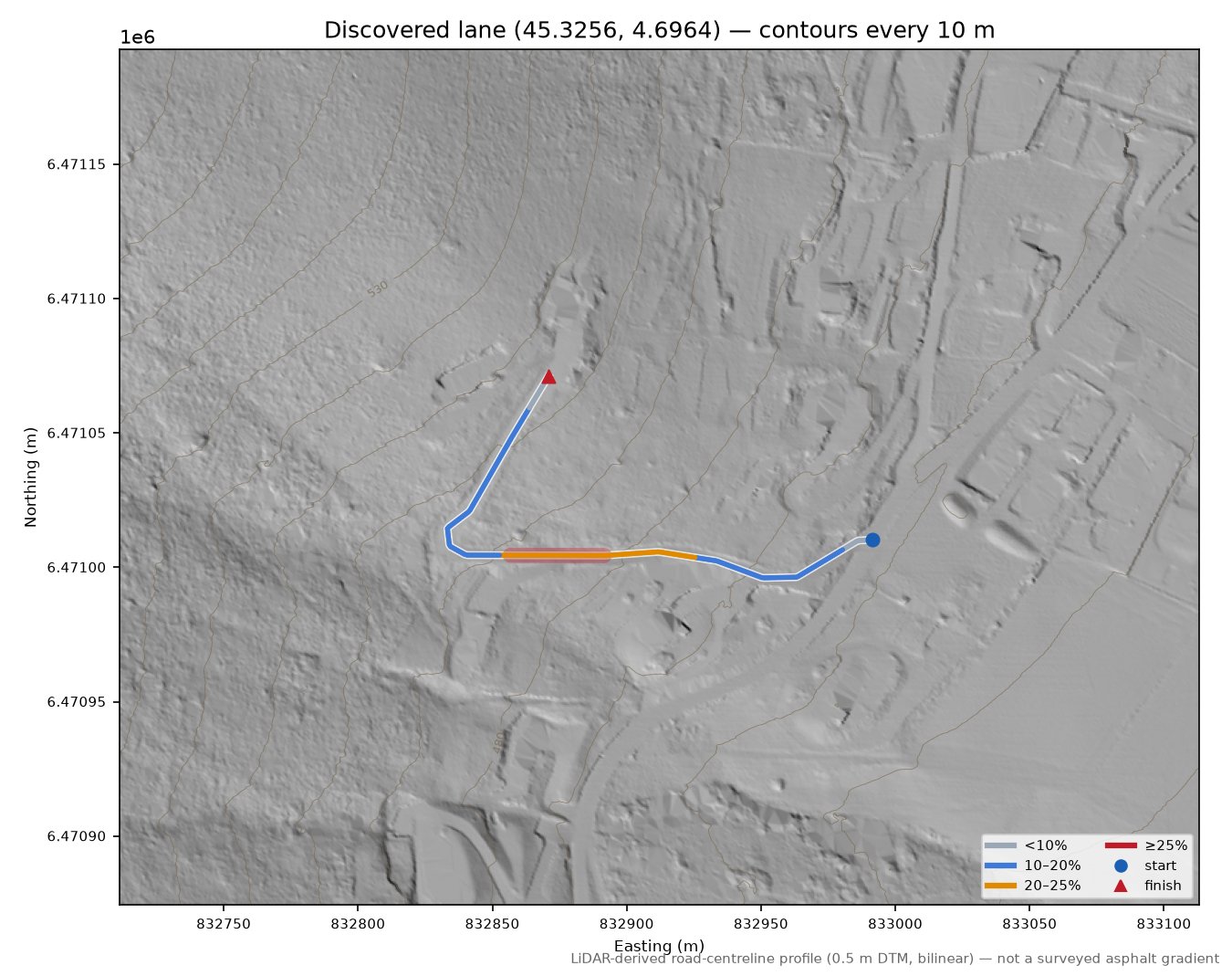 Discovered lane (45.3256, 4.6964) LiDAR hillshade map with contours