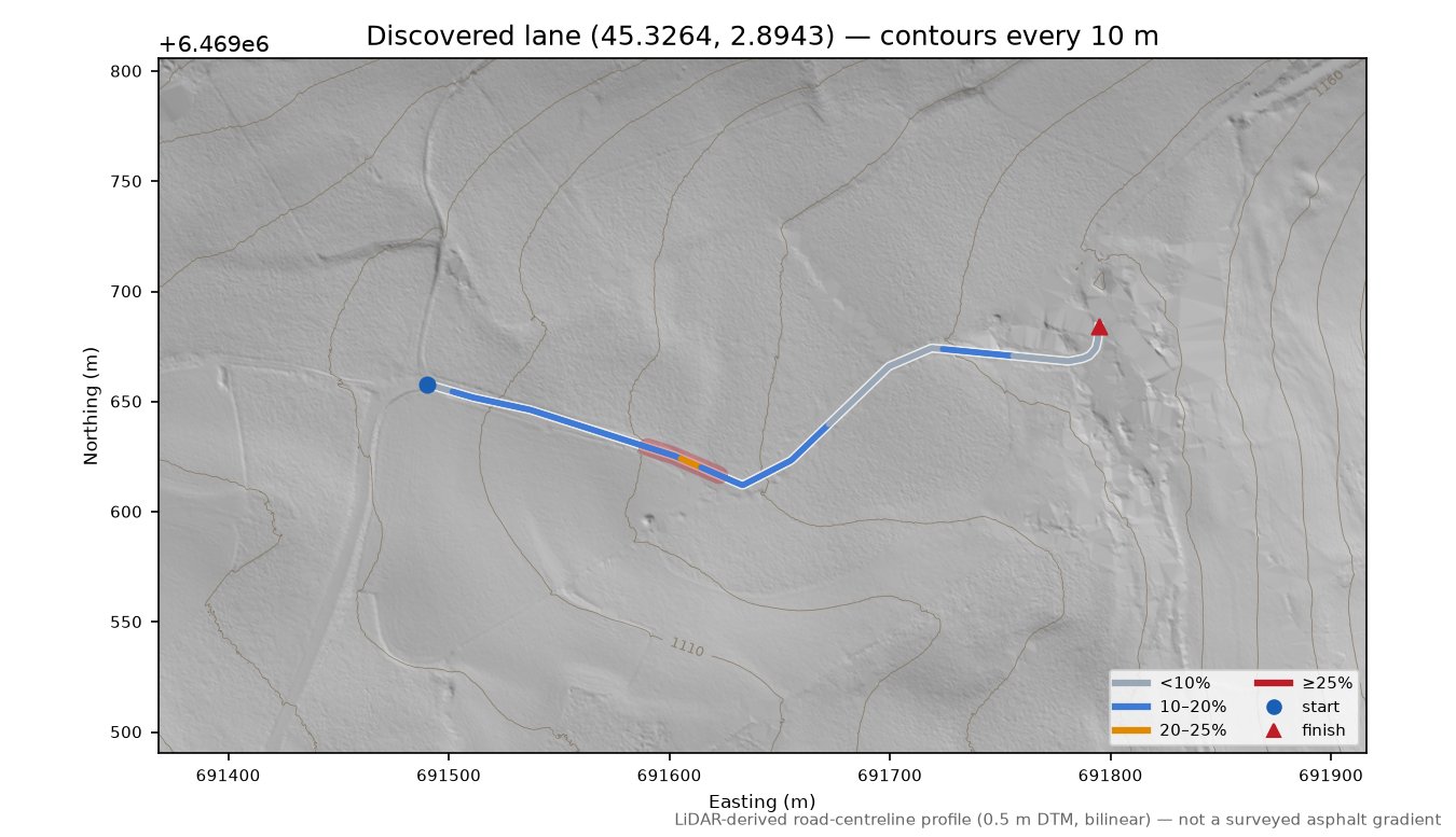 Discovered lane (45.3264, 2.8943) LiDAR hillshade map with contours
