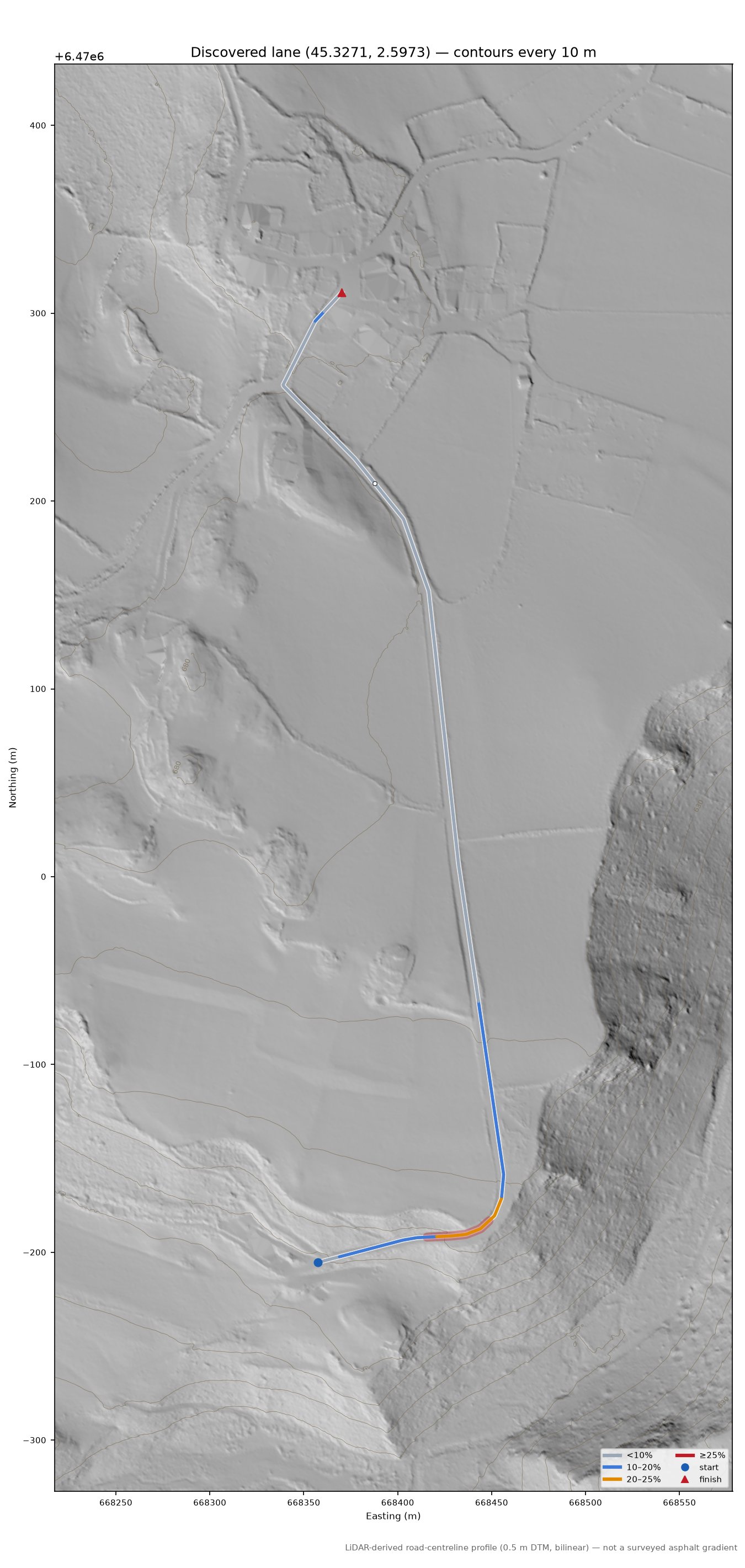 Discovered lane (45.3271, 2.5973) LiDAR hillshade map with contours