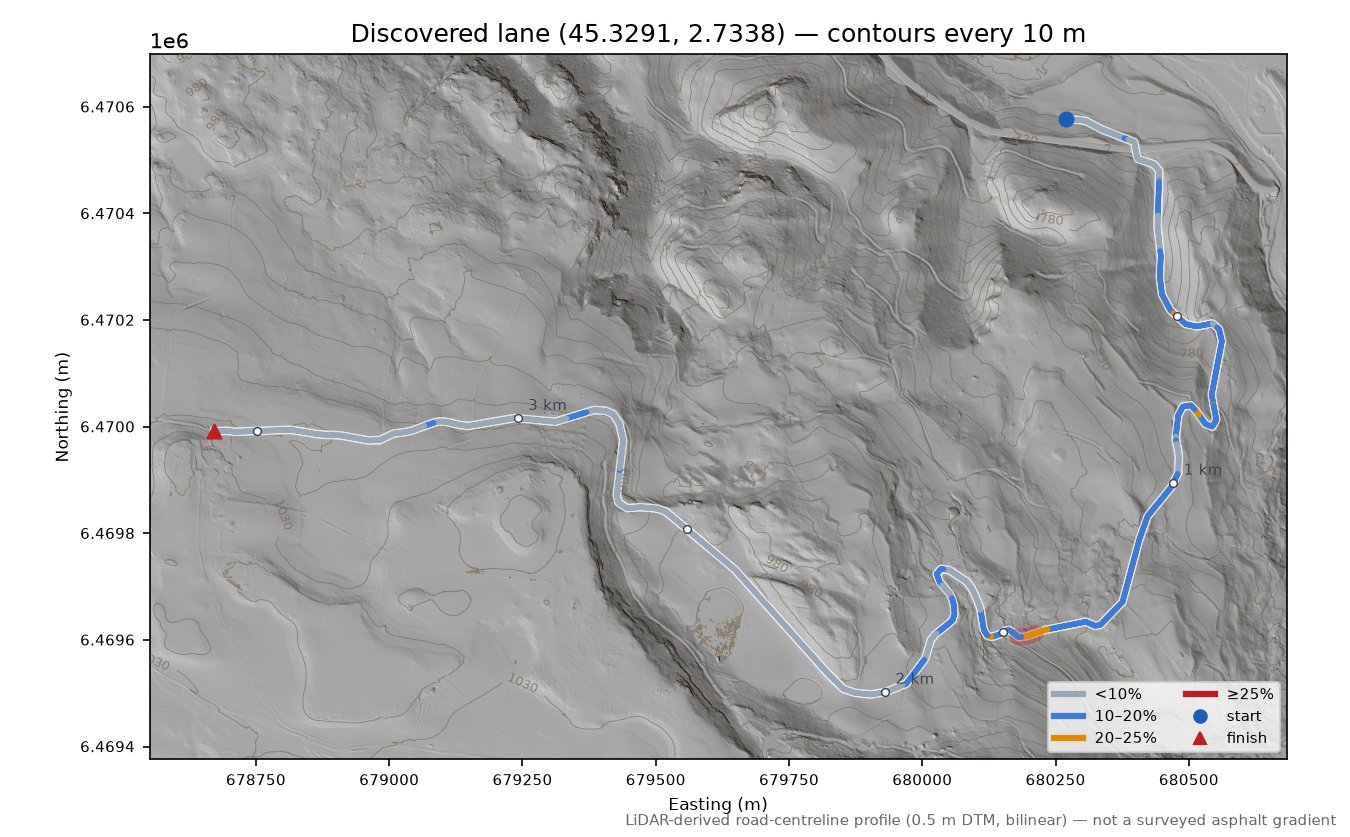 Discovered lane (45.3291, 2.7338) LiDAR hillshade map with contours