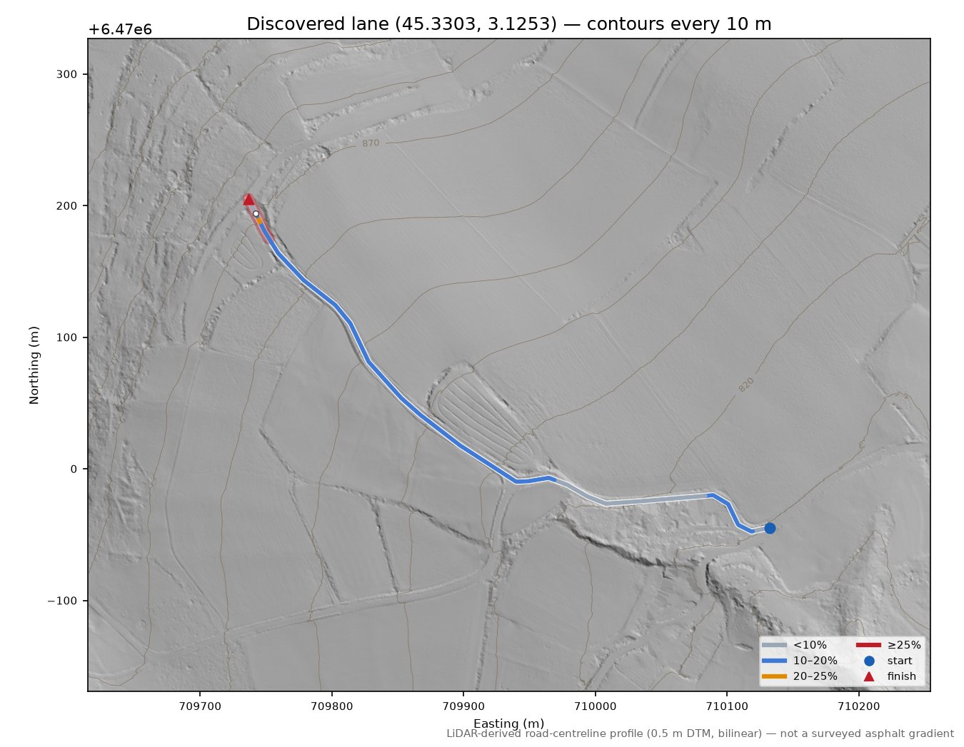 Discovered lane (45.3303, 3.1253) LiDAR hillshade map with contours