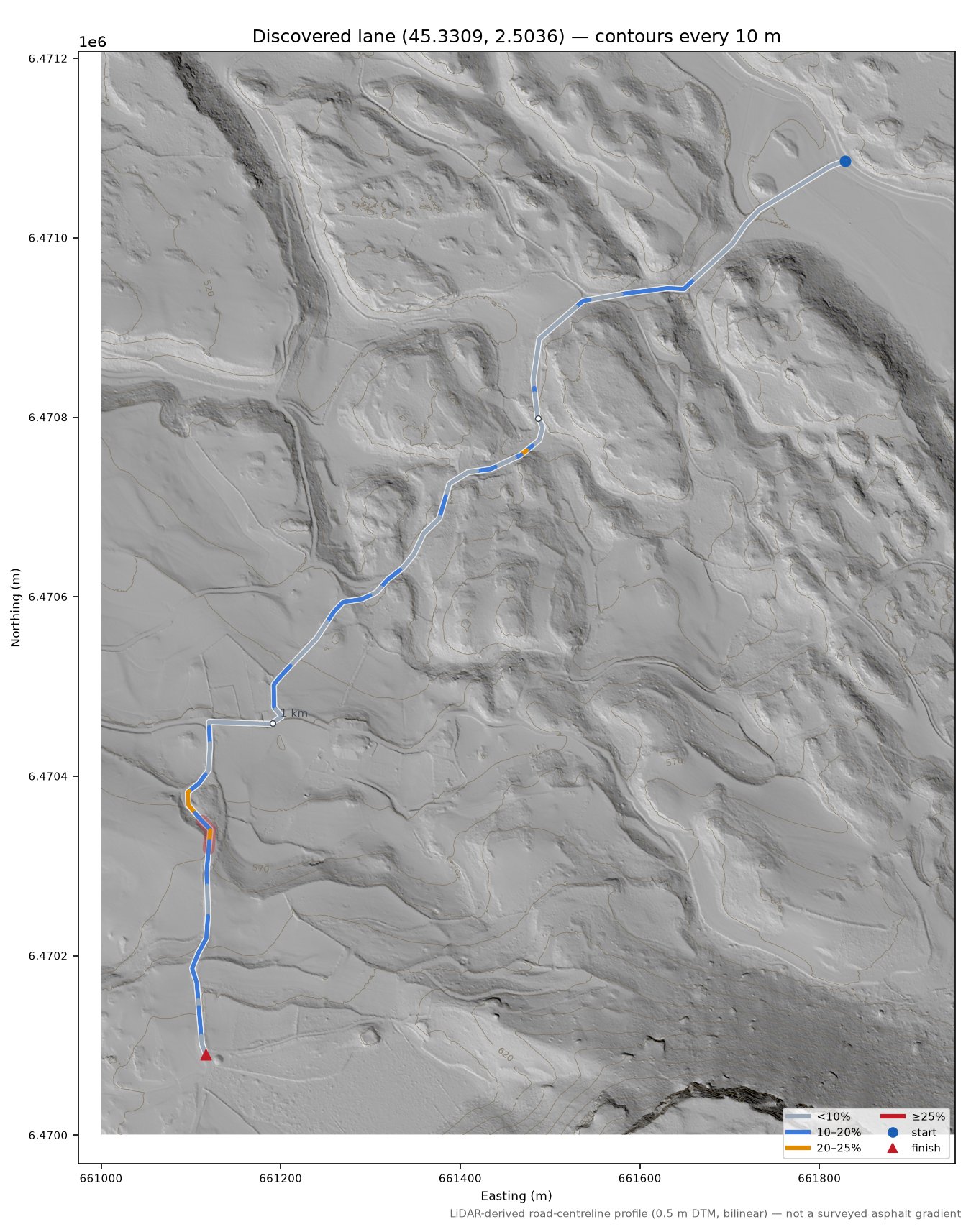Discovered lane (45.3309, 2.5036) LiDAR hillshade map with contours