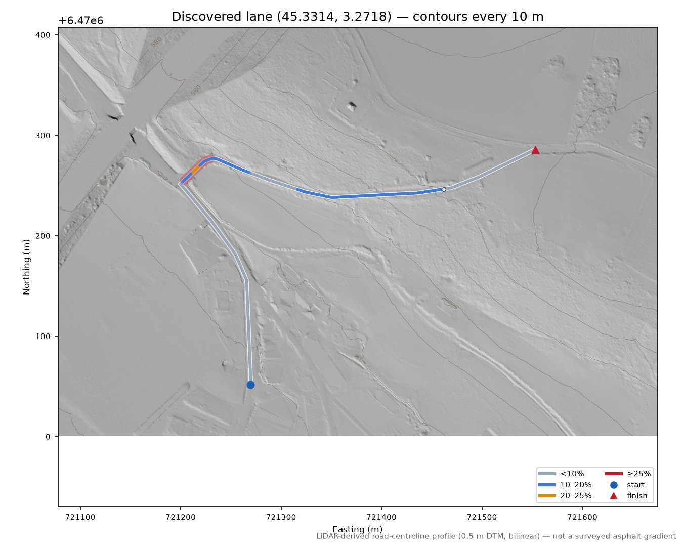 Discovered lane (45.3314, 3.2718) LiDAR hillshade map with contours