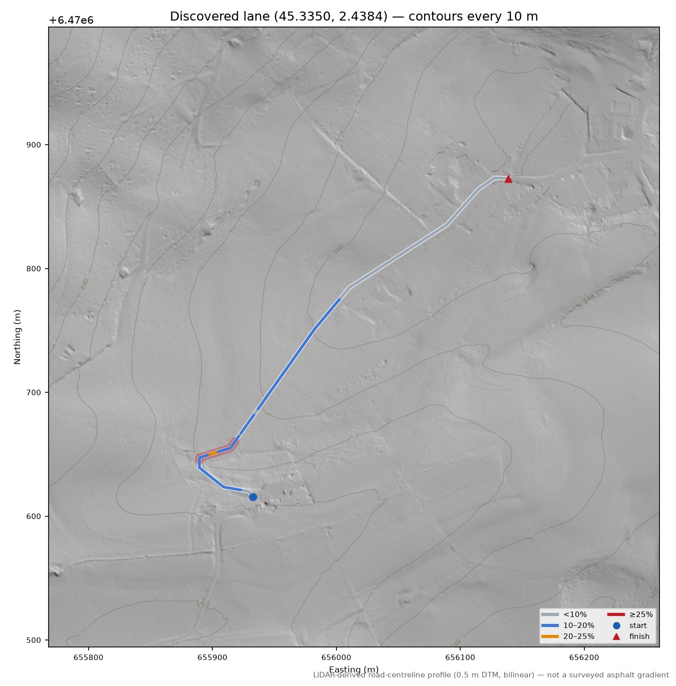 Discovered lane (45.3350, 2.4384) LiDAR hillshade map with contours